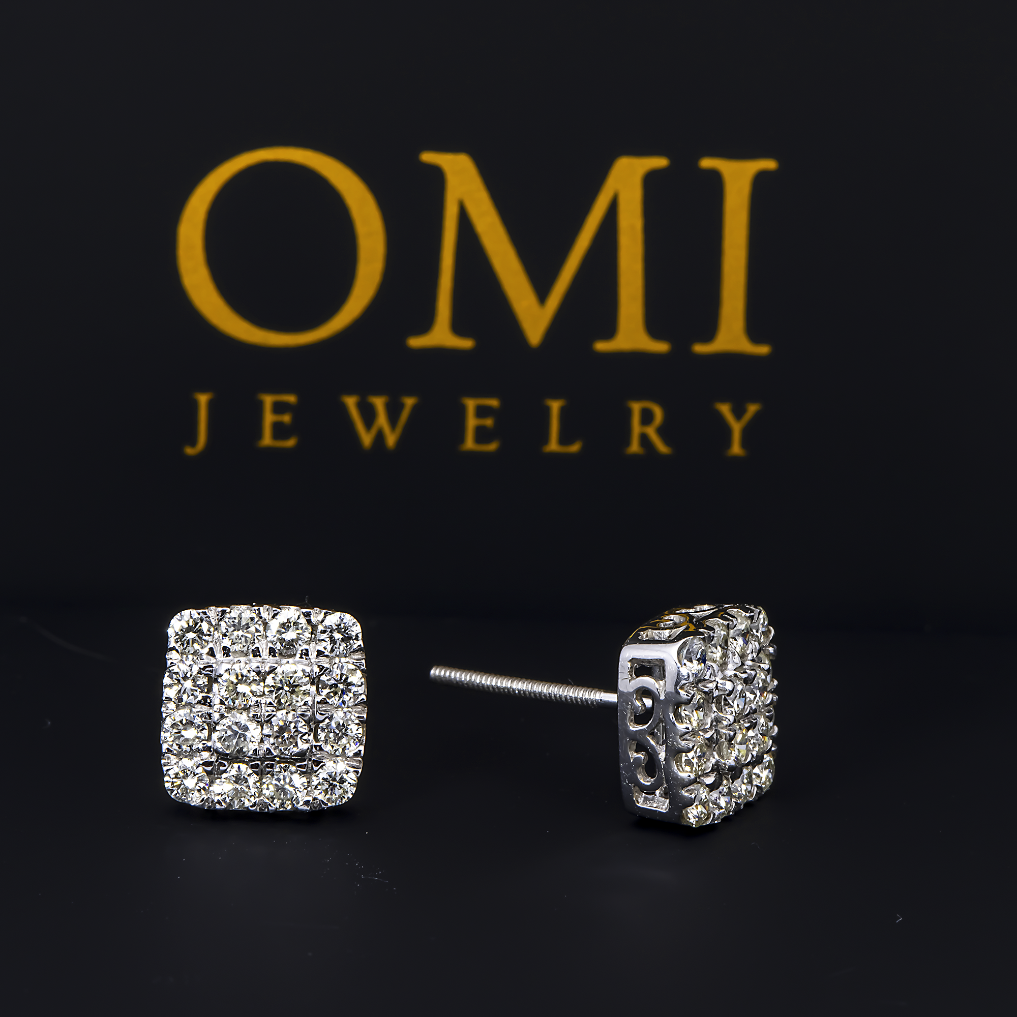 14K GOLD ROUND DIAMOND CLUSTER SQUARE EARRINGS 0.87 CTW