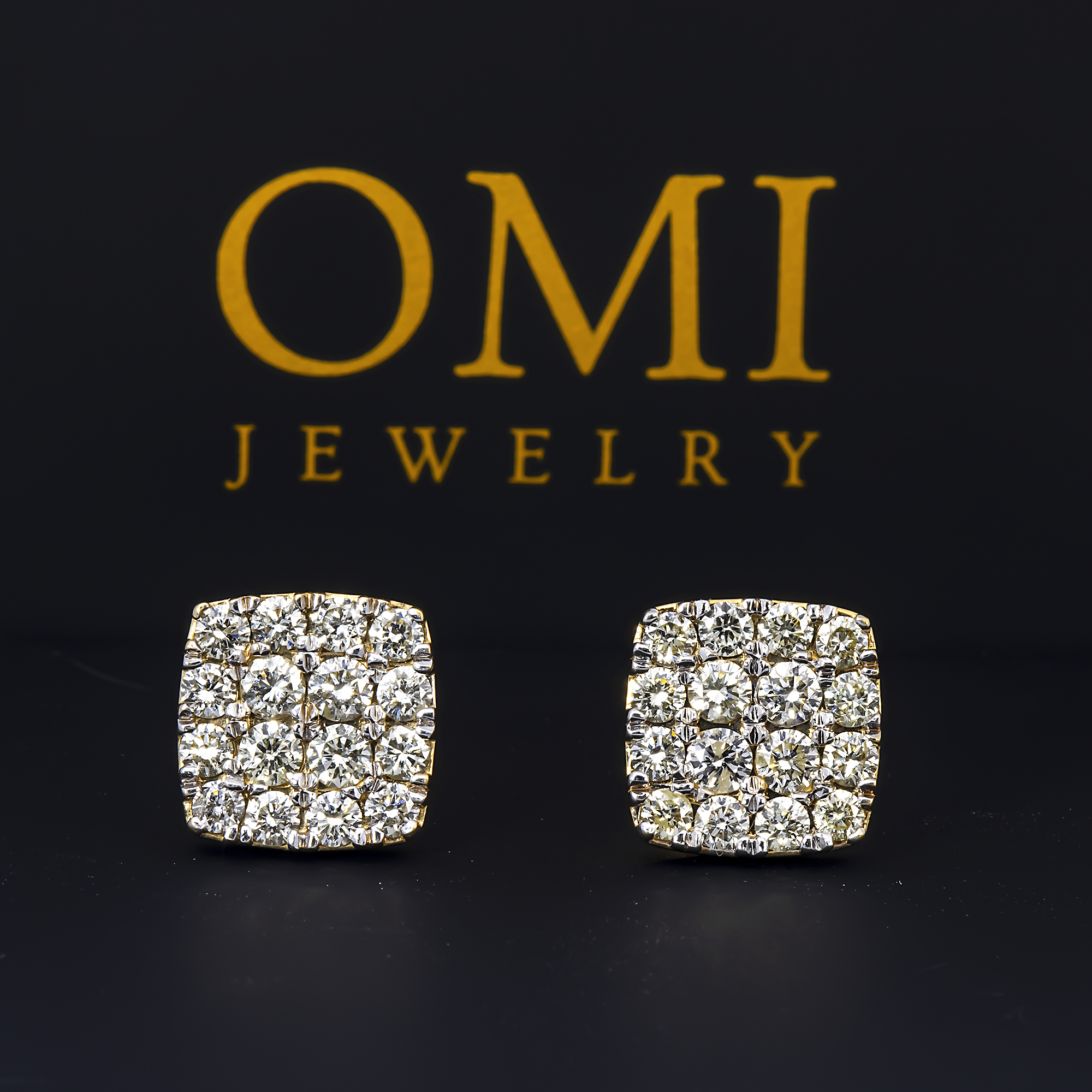 14K GOLD ROUND DIAMOND CLUSTER SQUARE SHAPE EARRINGS 1.63 CTW
