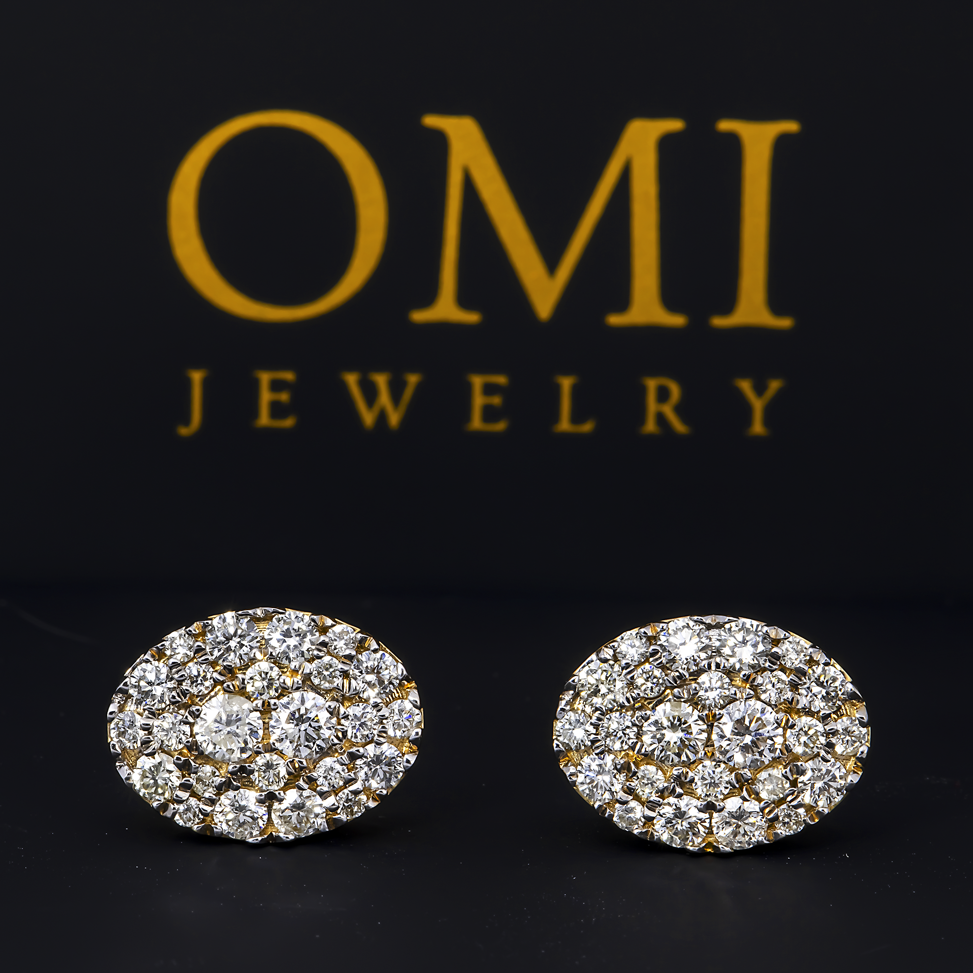 14K GOLD ROUND DIAMOND CLUSTER OVAL SHAPE EARRINGS 1.18 CTW