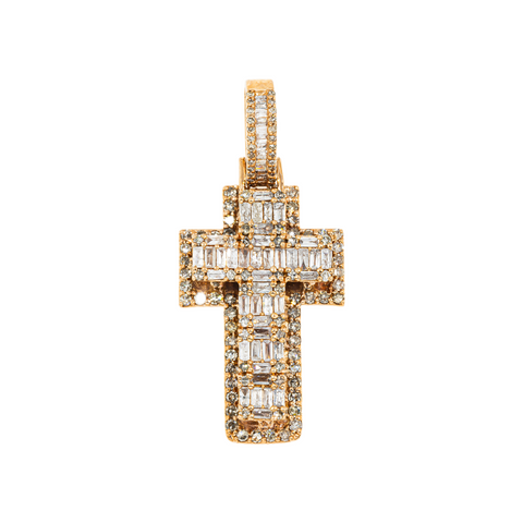14K GOLD BAGUETTE AND ROUND DIAMOND CROSS PENDANT 1.53 CT