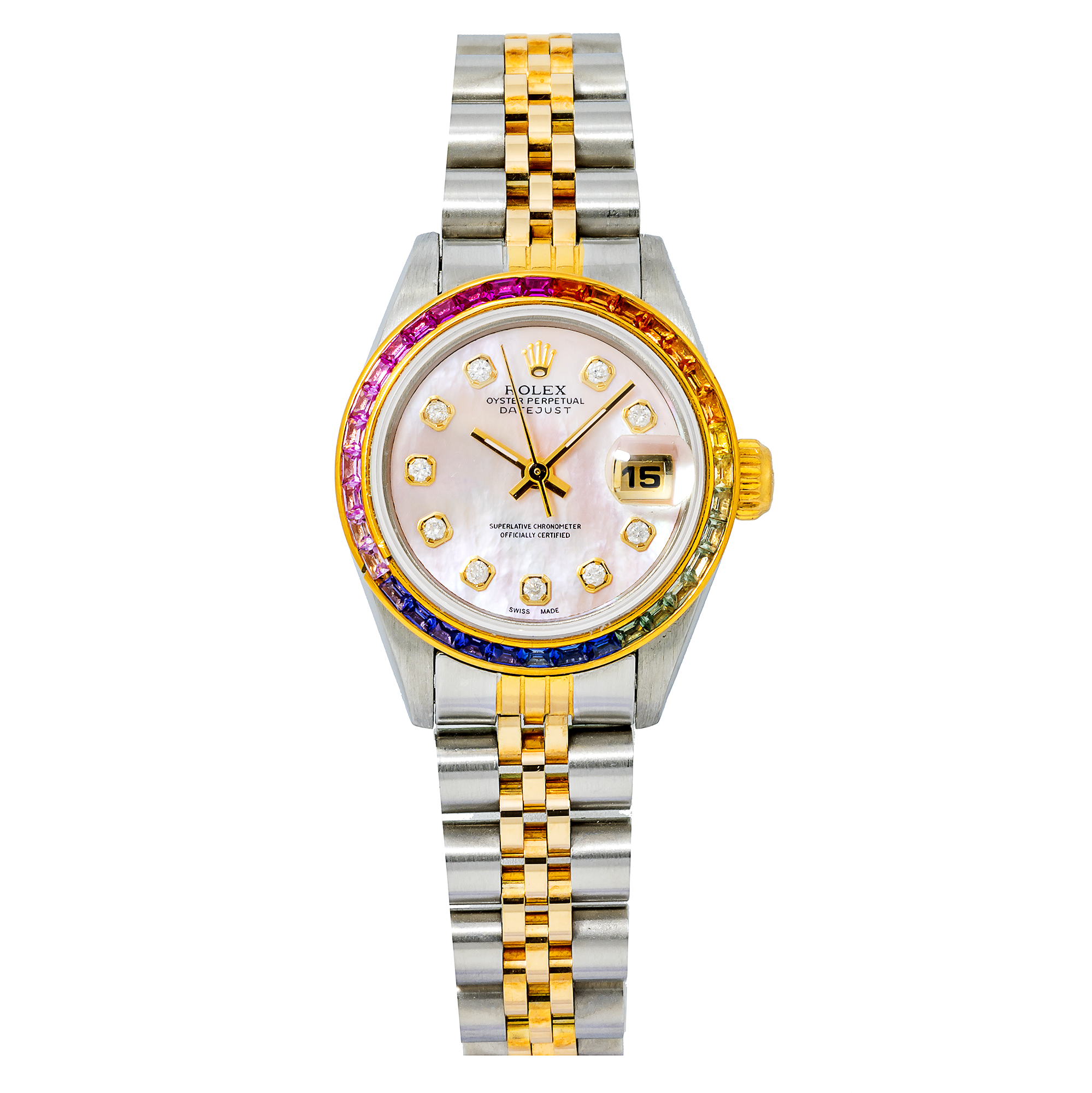 Rolex Datejust 26MM 69173 Pink Mother of Pearl Diamond Dial Rainbow Gemstone Bezel Two Tone Jubilee Bracelet 0.2ct