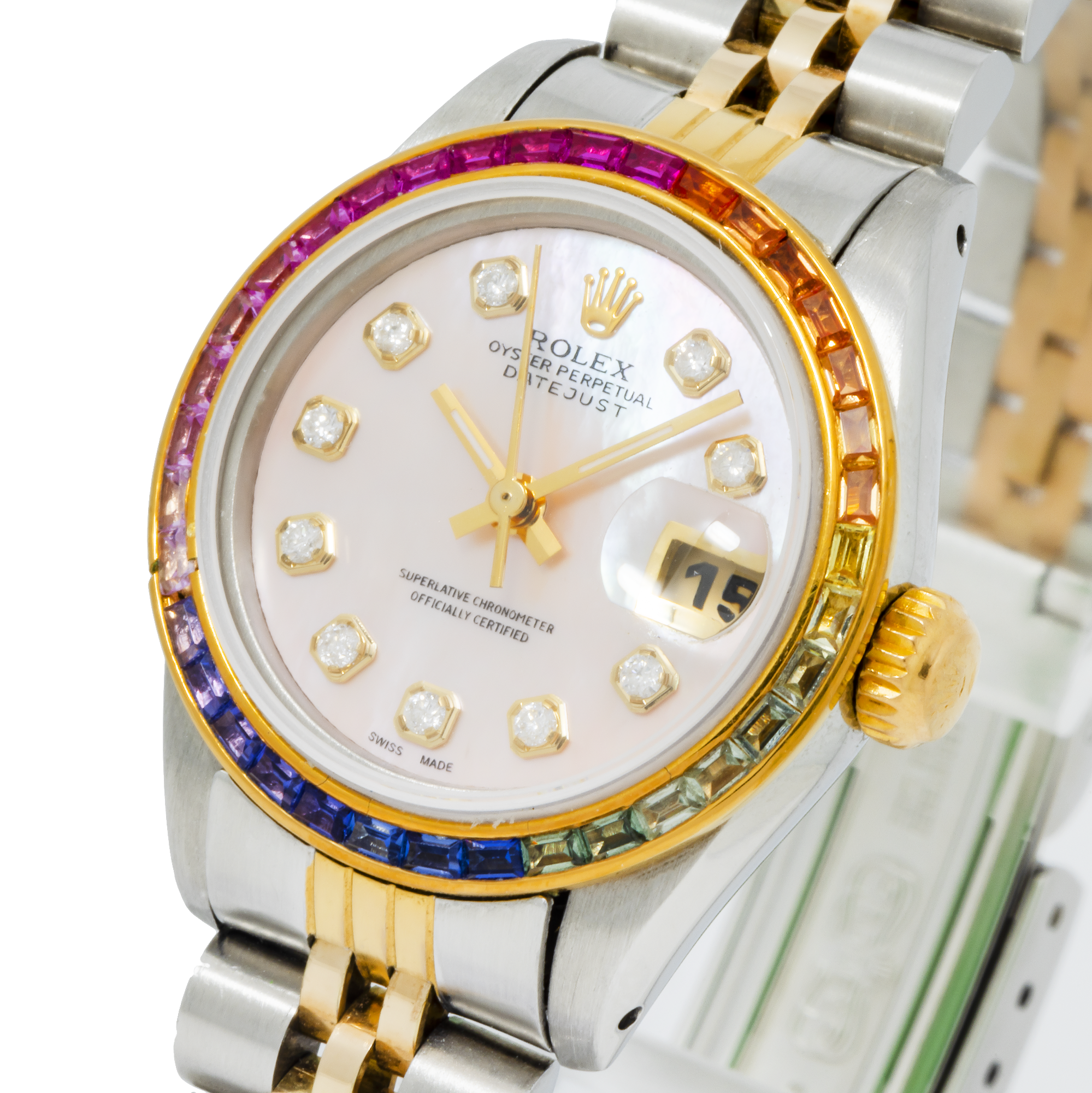 Rolex Datejust 26MM 6917 Pink Mother of Pearl Diamond Dial Rainbow Gemstone Bezel Two Tone Yellow Gold Jubilee Bracelet 0.2ct