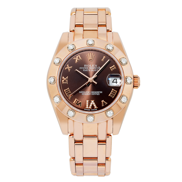 Rolex Datejust Pearlmaster 81315 34MM Chocolate Roman Dial With Diamond Bezel & Rose Gold Bracelet