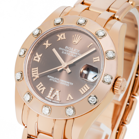 Rolex Datejust Pearlmaster 81315 34MM Chocolate Roman Dial With Diamond Bezel & Rose Gold Bracelet