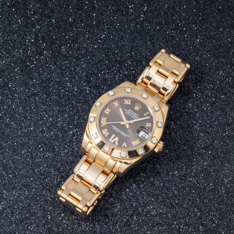 Rolex Datejust Pearlmaster 81315 34MM Chocolate Roman Dial With Diamond Bezel & Rose Gold Bracelet