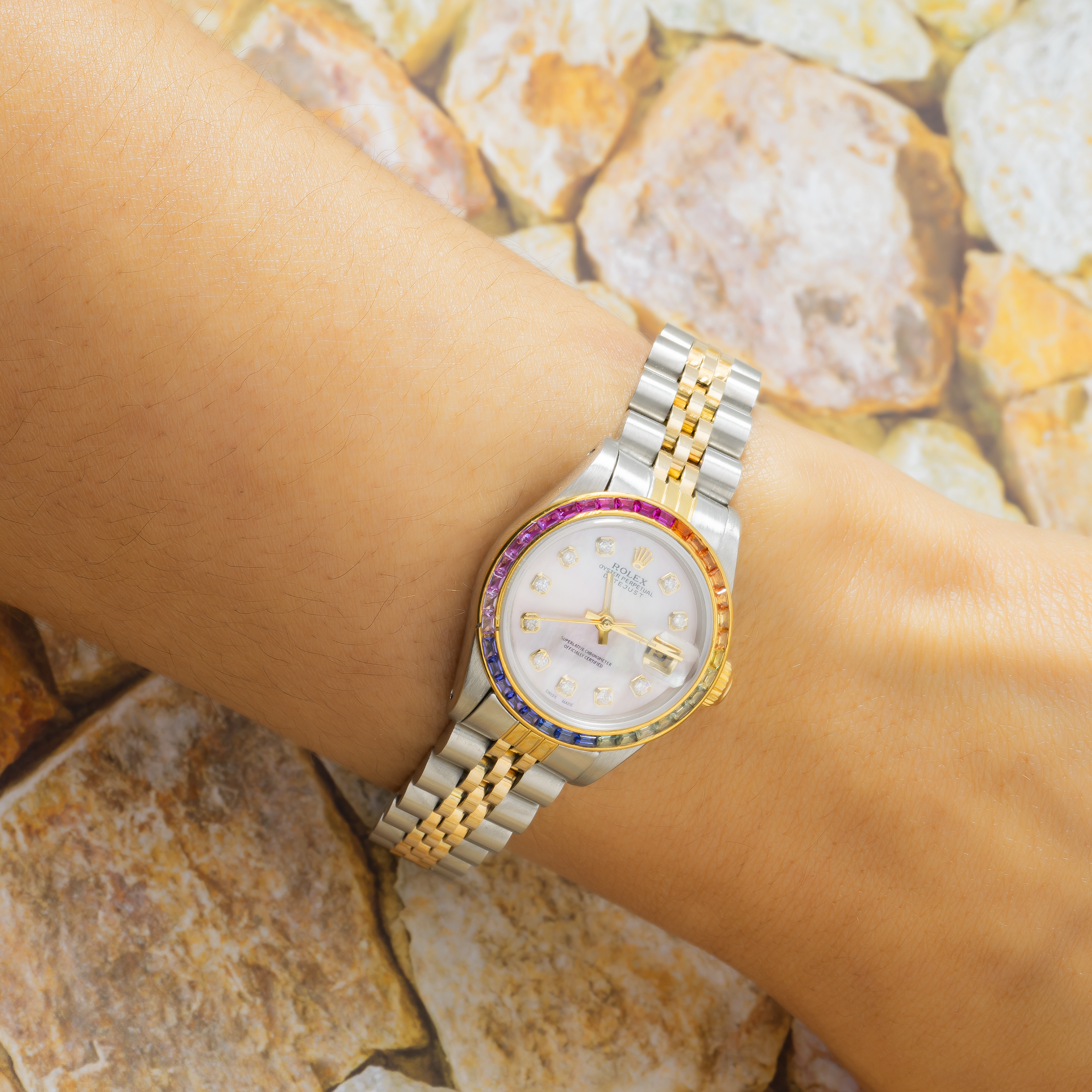 Rolex Datejust 26MM 69173 Pink Mother of Pearl Diamond Dial Rainbow Gemstone Bezel Two Tone Yellow Gold Jubilee Bracelet 0.2ct