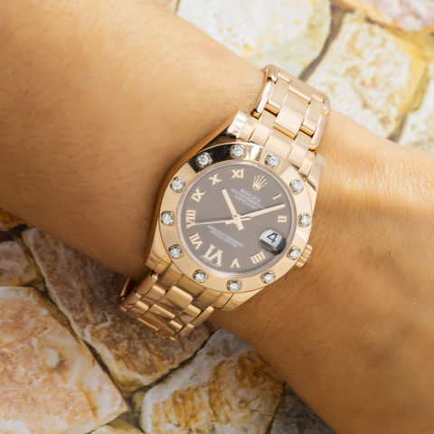 Rolex Datejust Pearlmaster 81315 34MM Chocolate Roman Dial With Diamond Bezel & Rose Gold Bracelet