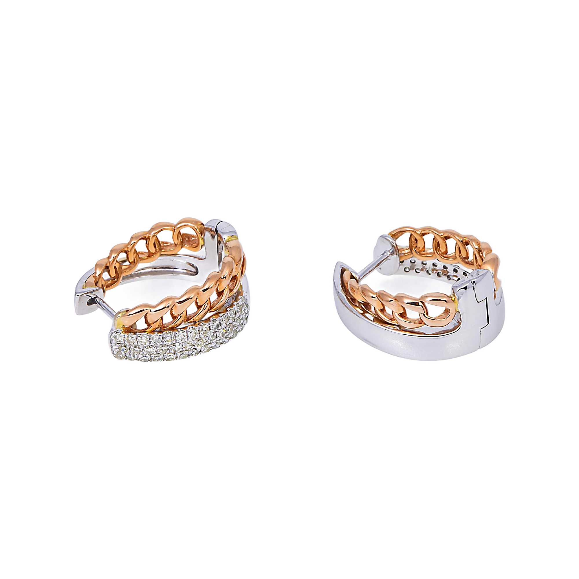 14K GOLD TWO TONE ROUND DIAMOND CUBAN LINK HOOP EARRINGS 0.52 CTW