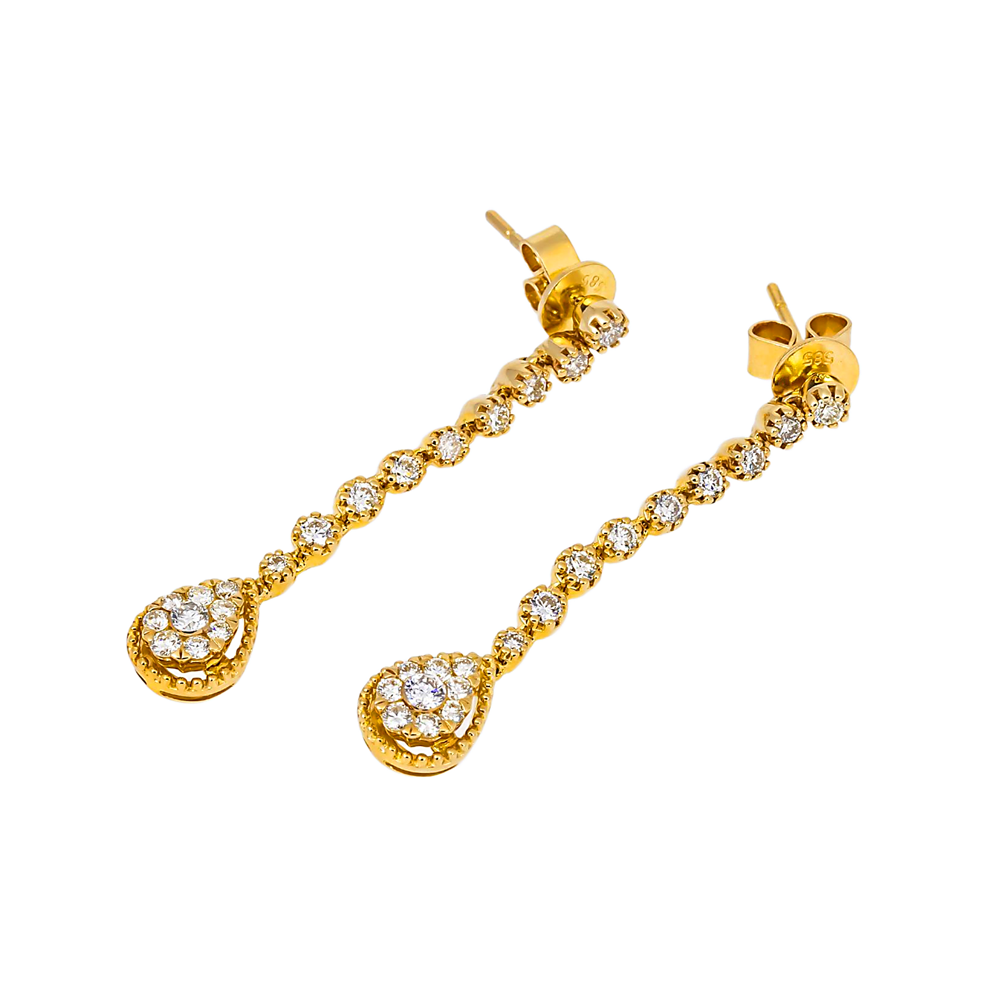14K GOLD ROUND DIAMOND CLUSTER DROP EARRINGS 0.90 CT