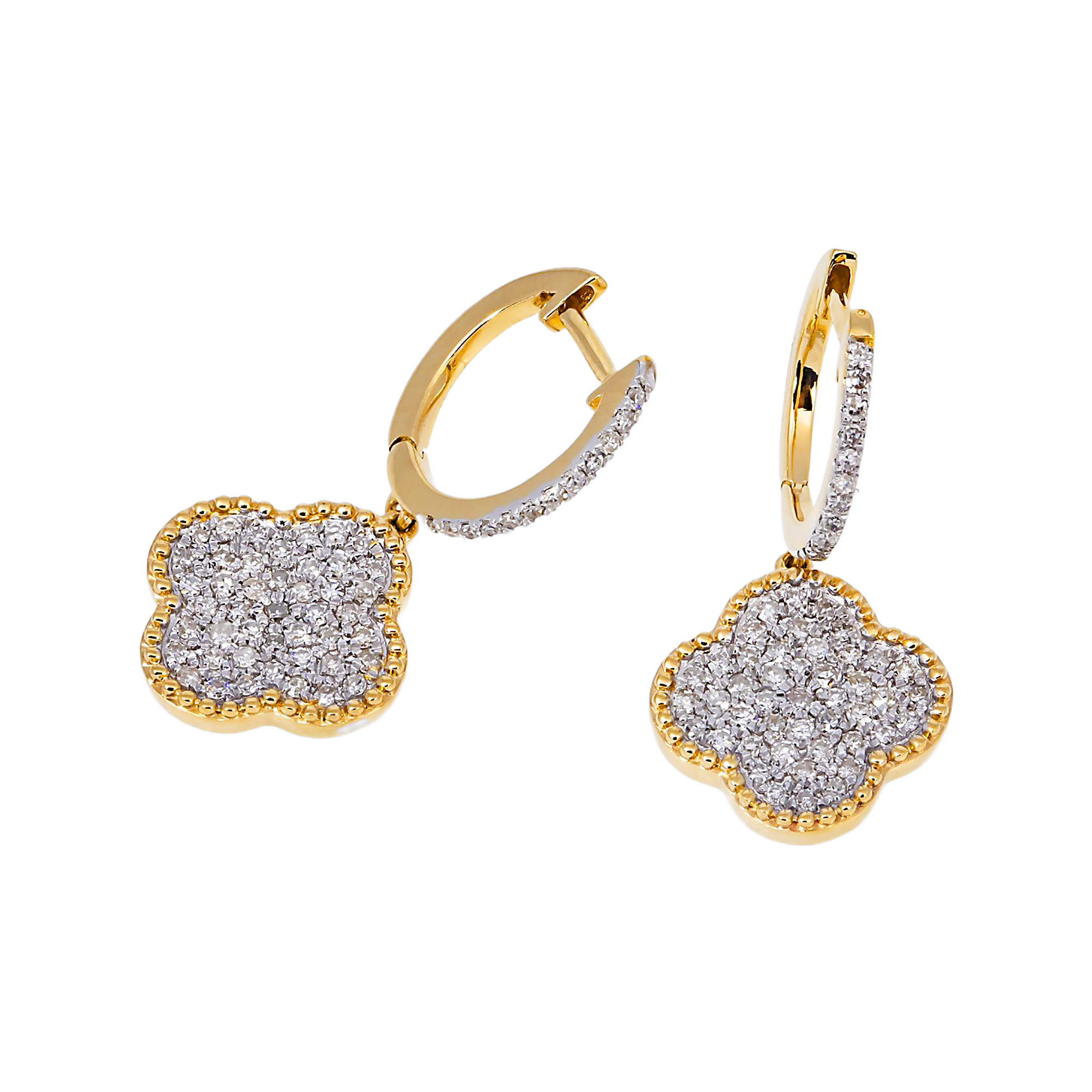 14K GOLD ROUND DIAMOND CLOVER HOOP EARRINGS 0.50 CTW