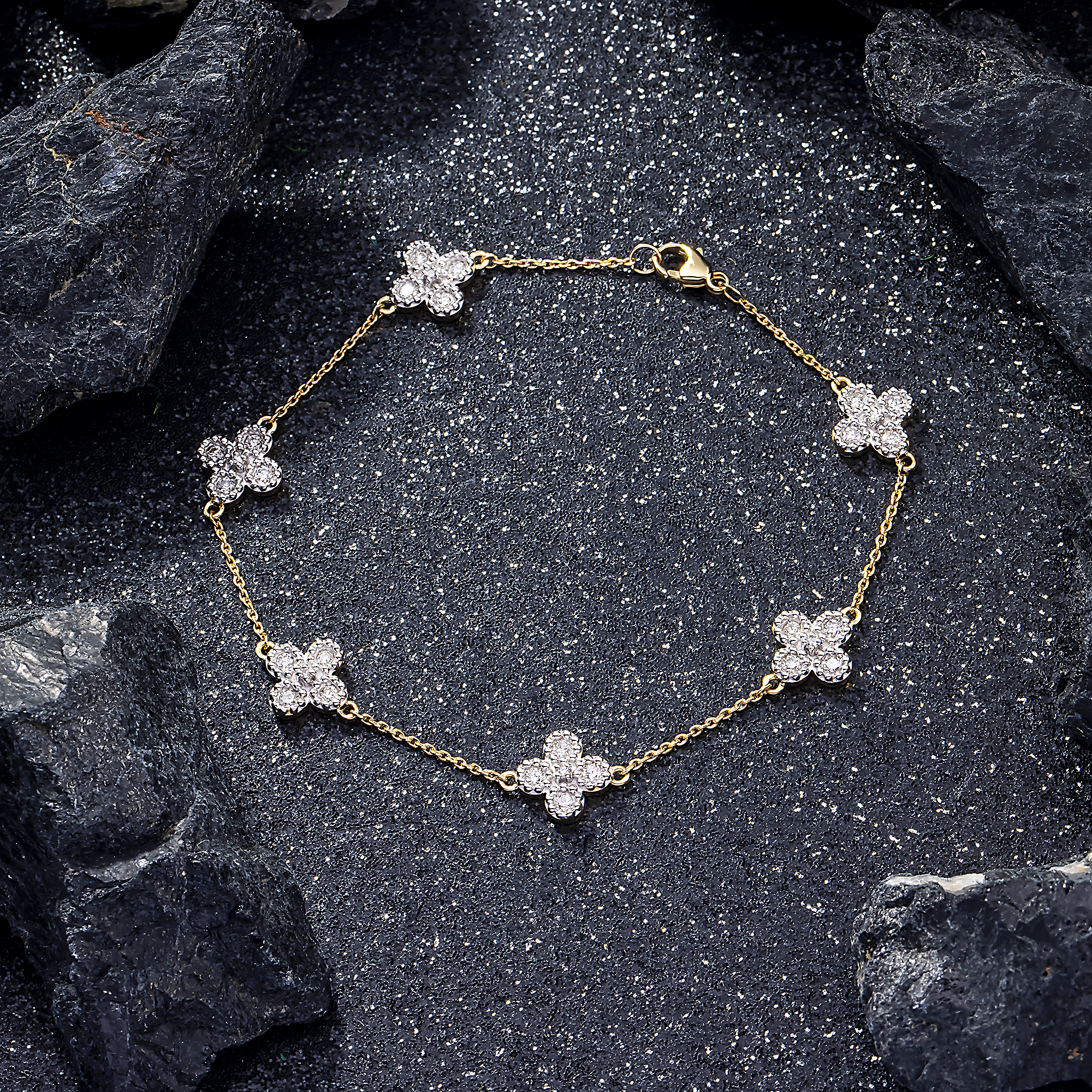 14K GOLD ROUND DIAMOND CLOVER CHAIN BRACELET 0.57 CT