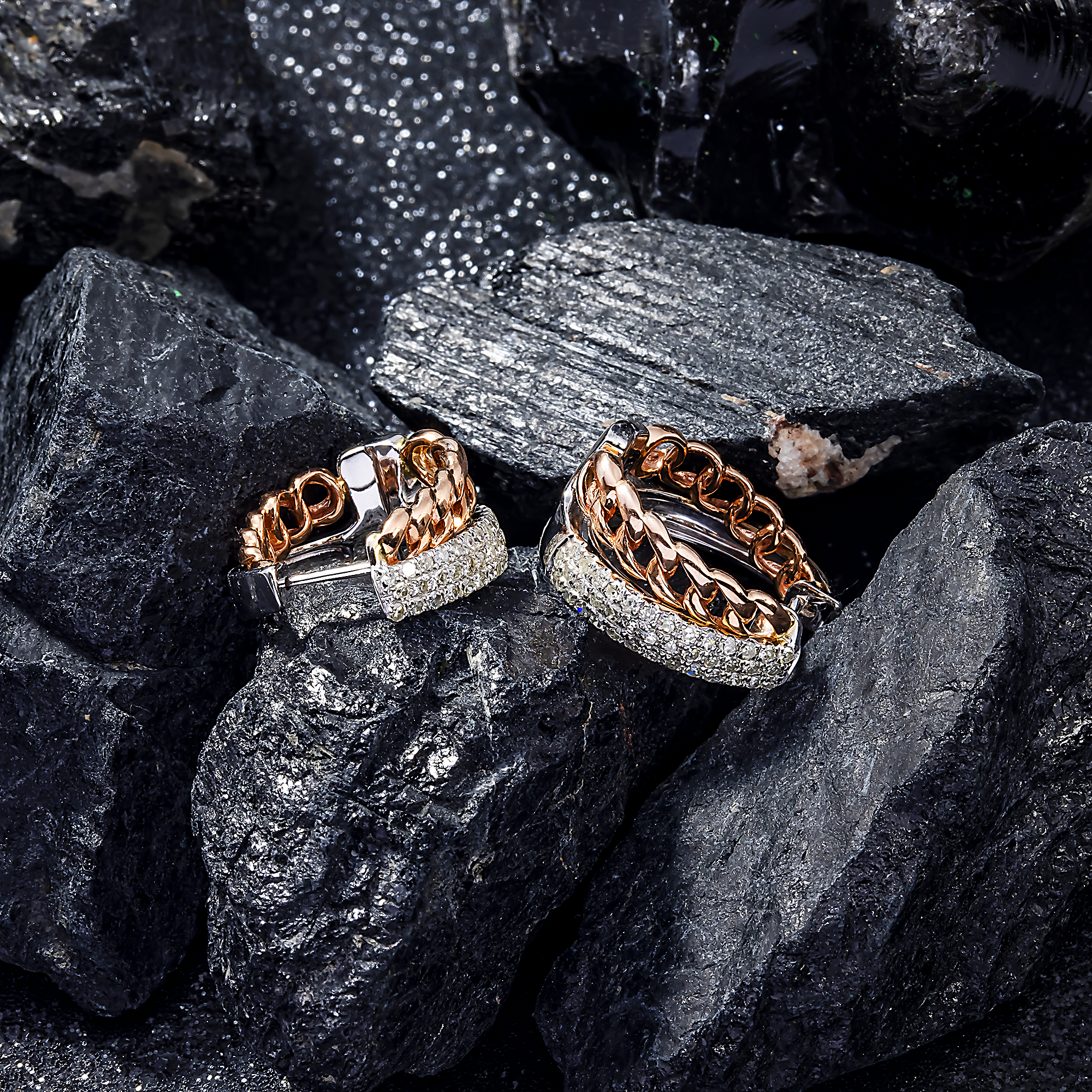 14K GOLD TWO TONE ROUND DIAMOND CUBAN LINK HOOP EARRINGS 0.52 CTW