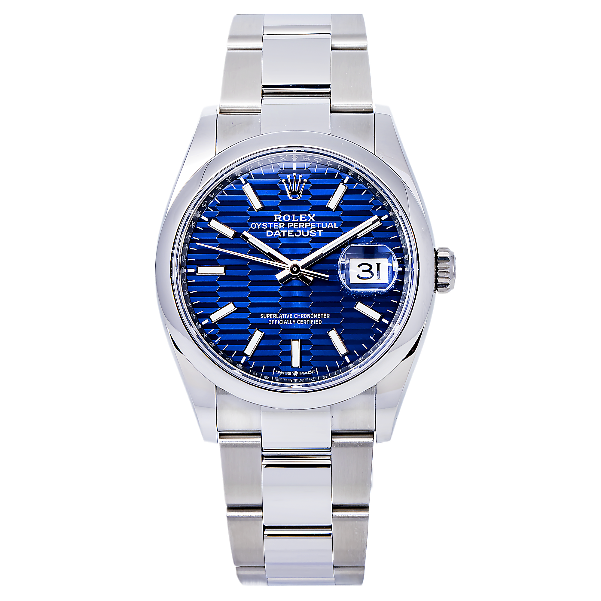 Rolex Datejust 36MM 126200 Blue Motif Dial Smooth Bezel Stainless Steel Oyster Bracelet