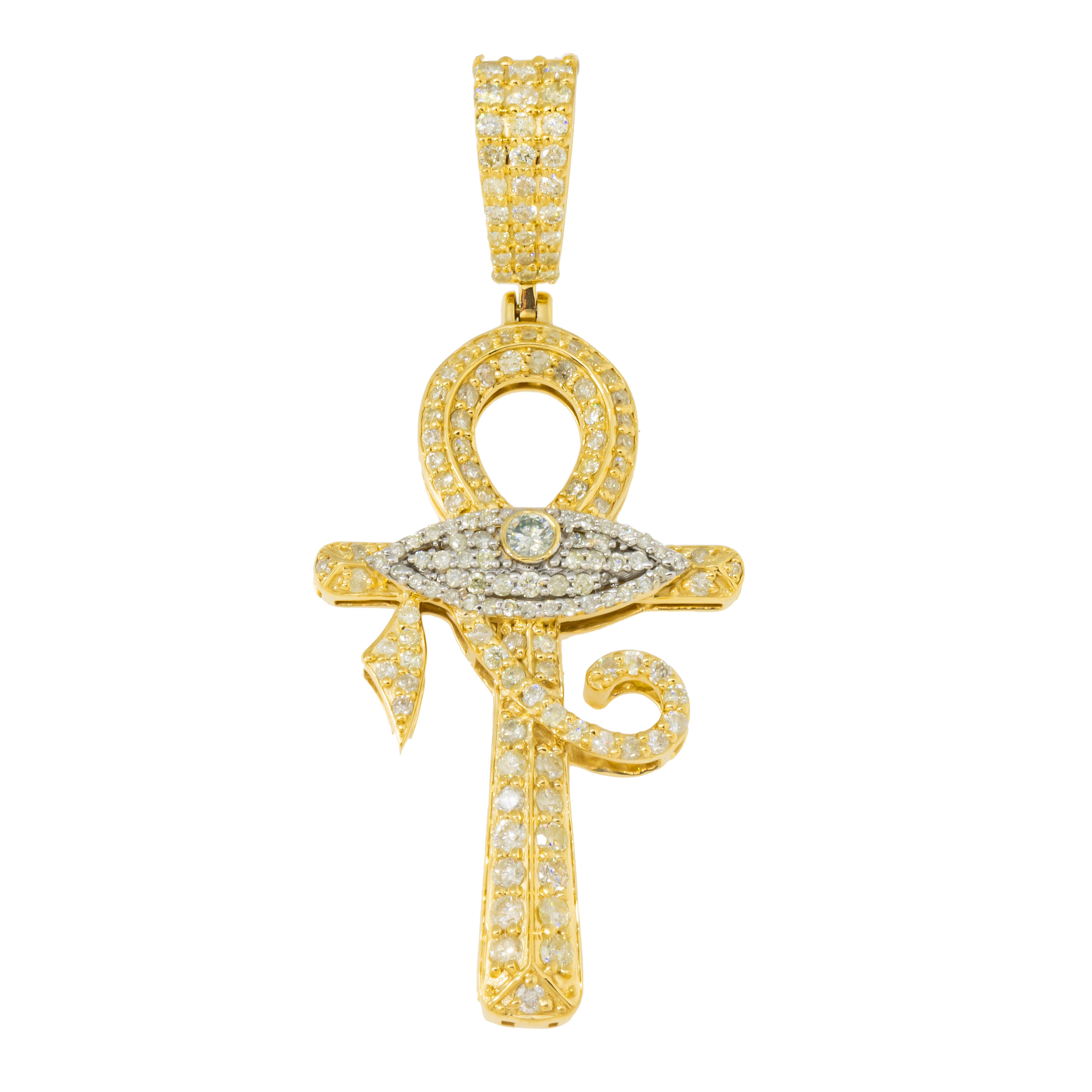 14K GOLD ROUND DIAMOND ANKH WITH EVIL EYE PENDANT 1.25 CT