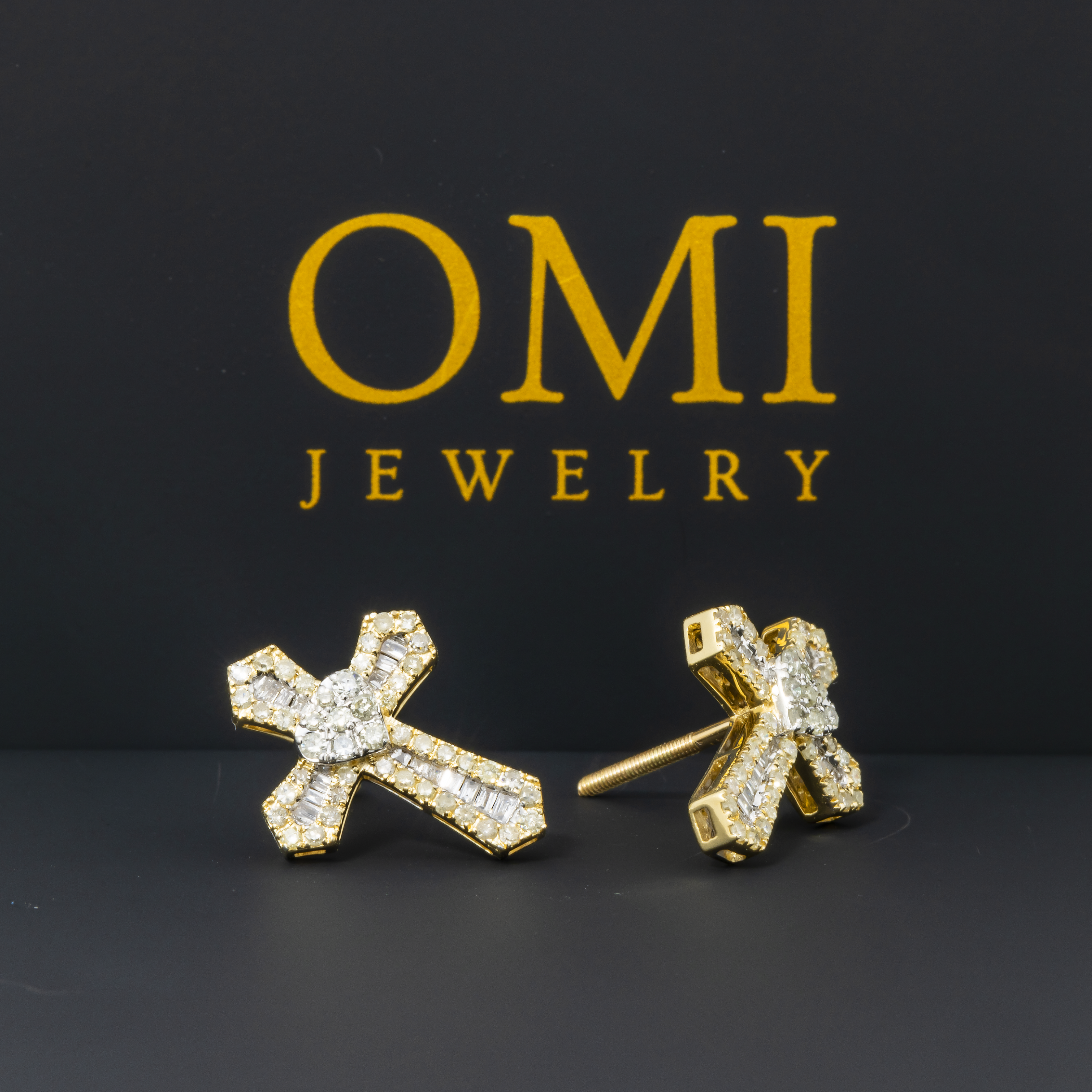 14K GOLD ROUND & BAGUETTE DIAMOND CROSS EARRINGS 0.71 CTW