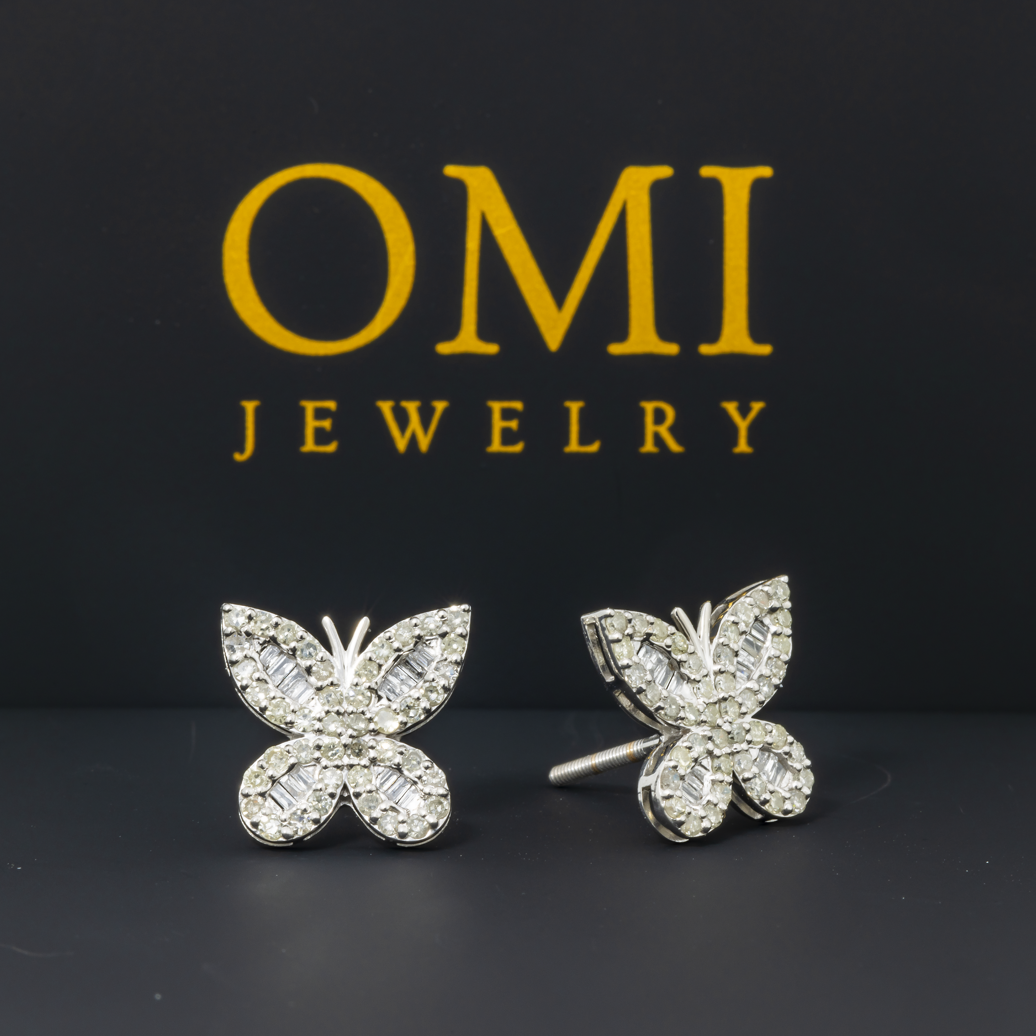14K GOLD BAGUETTE & ROUND DIAMOND BUTTERFLY EARRINGS 0.74 CTW