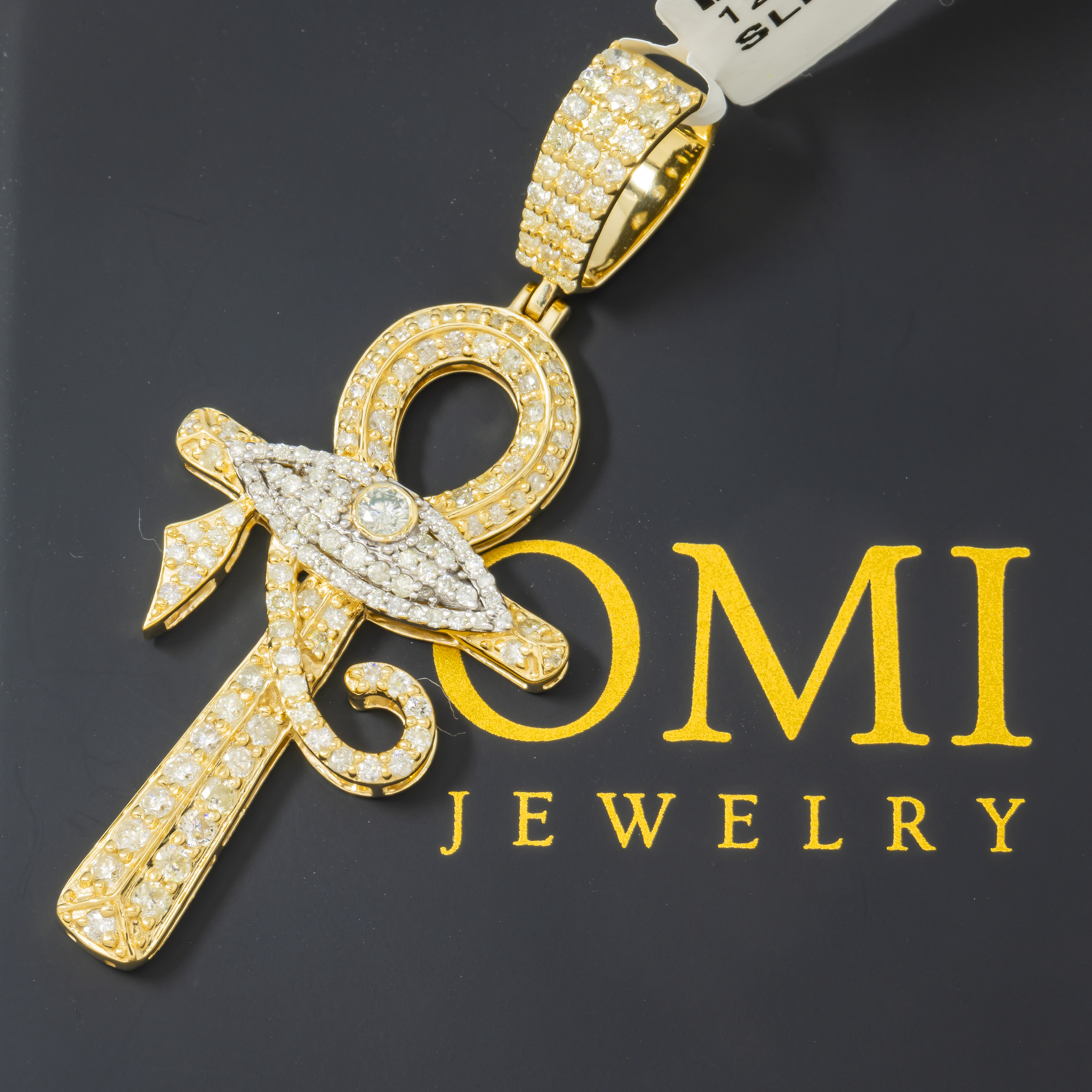 14K GOLD ROUND DIAMOND ANKH WITH EVIL EYE PENDANT 1.25 CT