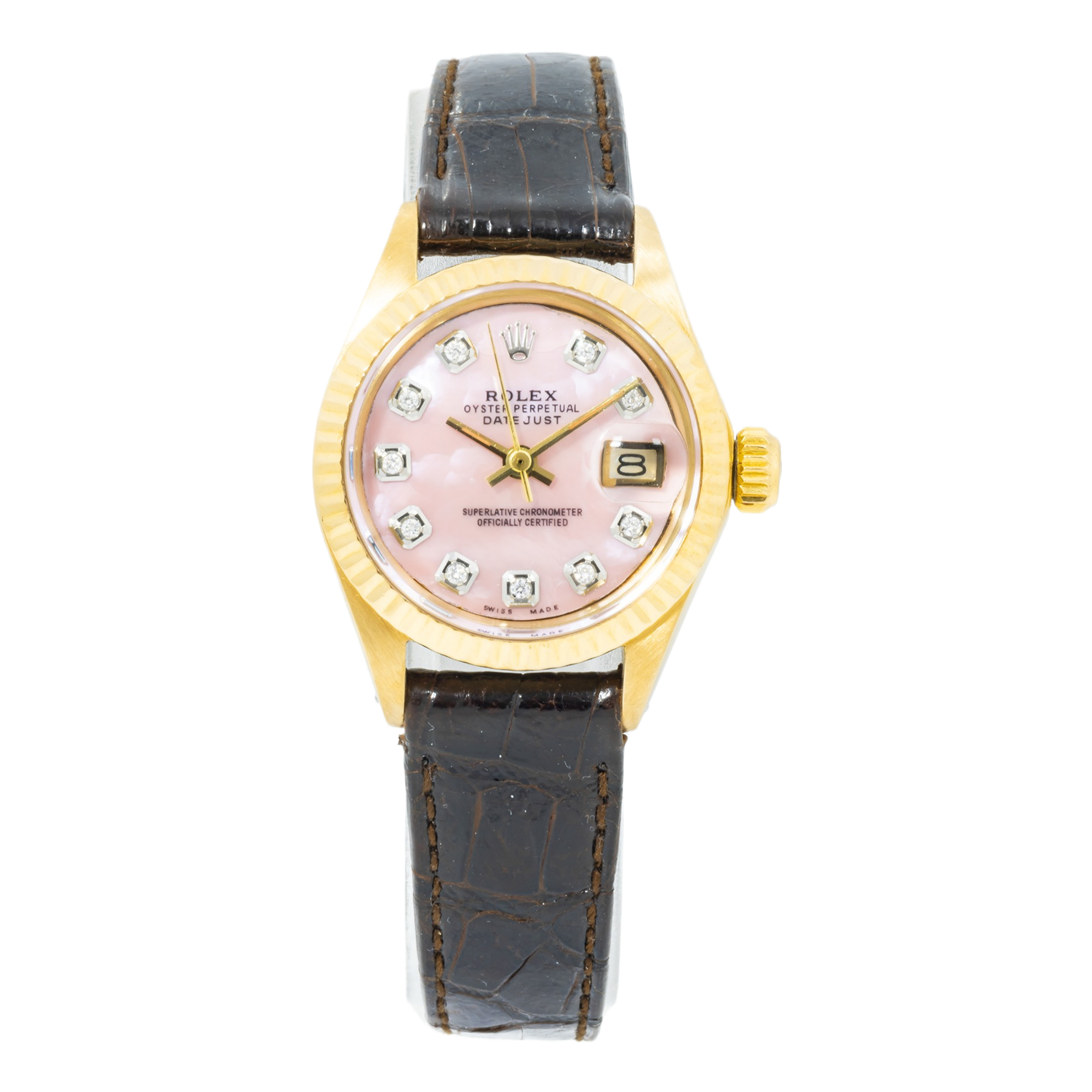 Rolex Datejust 18K Yellow Gold 26MM 6917 Pink Mother of Pearl Diamond Dial Yellow Gold Fluted Bezel Brown Leather Strap