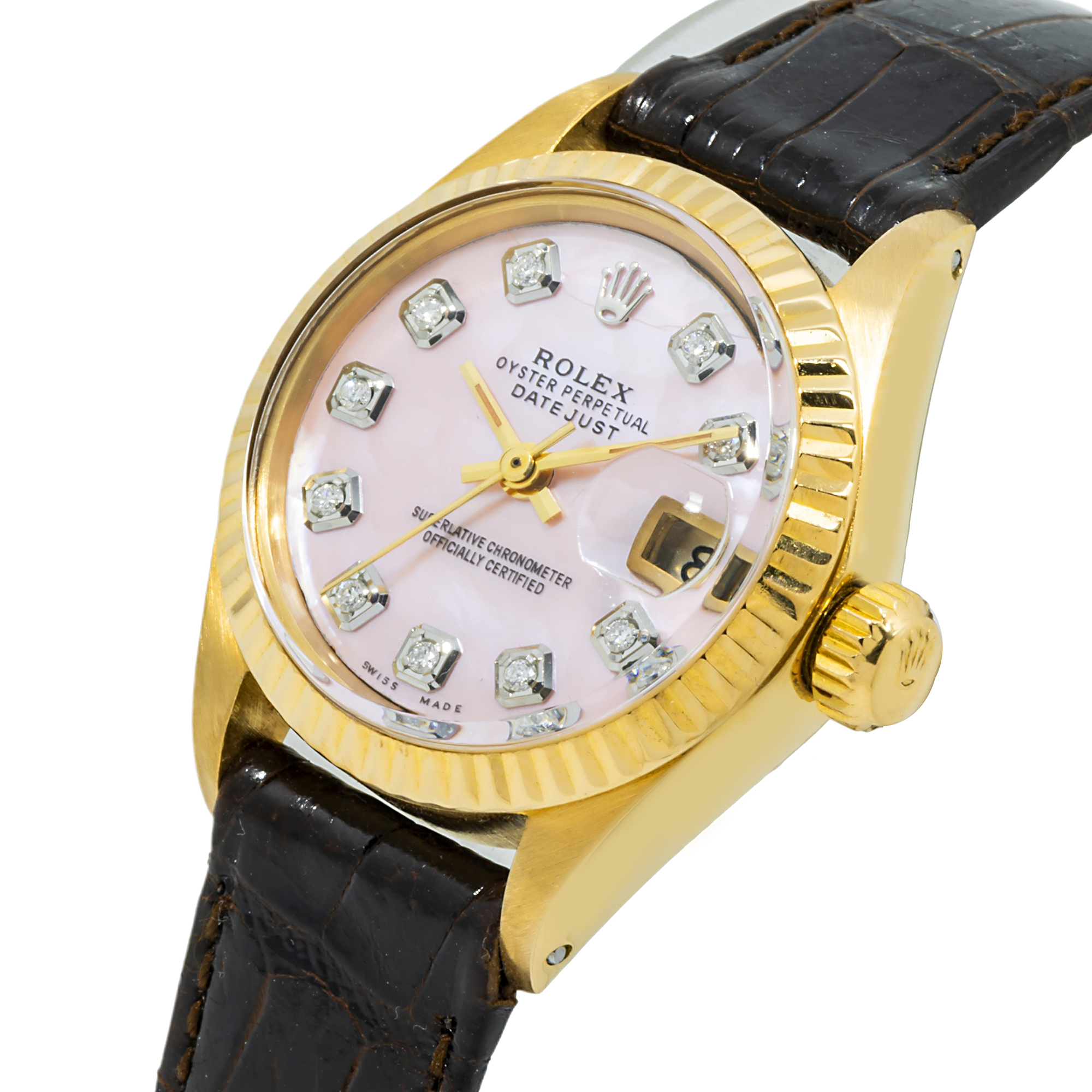 Rolex Datejust 18K Yellow Gold 26MM 6917 Pink Mother of Pearl Diamond Dial Fluted Bezel Brown Leather Strap