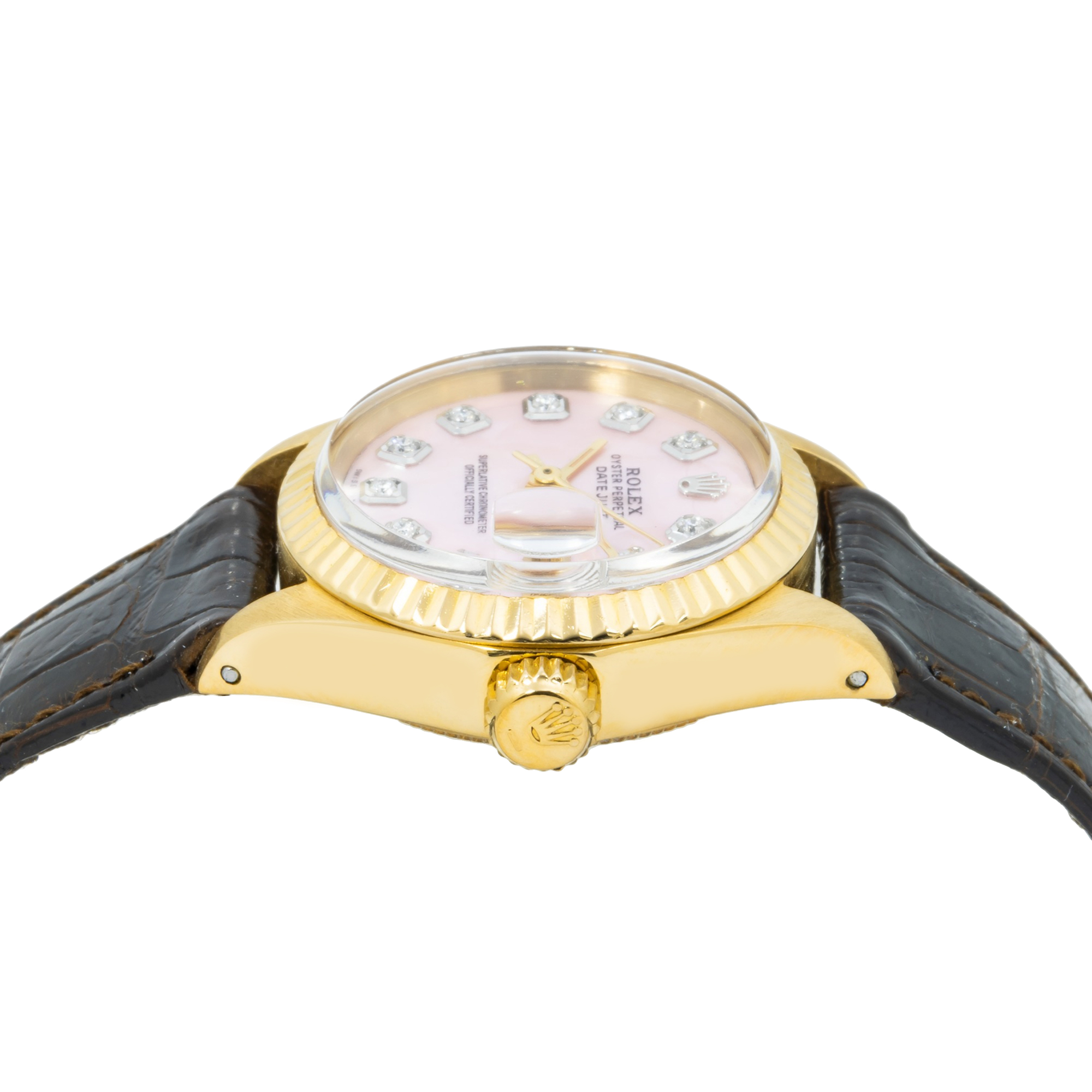 Rolex Datejust 18K Yellow Gold 26MM 6917 Pink Mother of Pearl Diamond Dial Fluted Bezel Brown Leather Strap