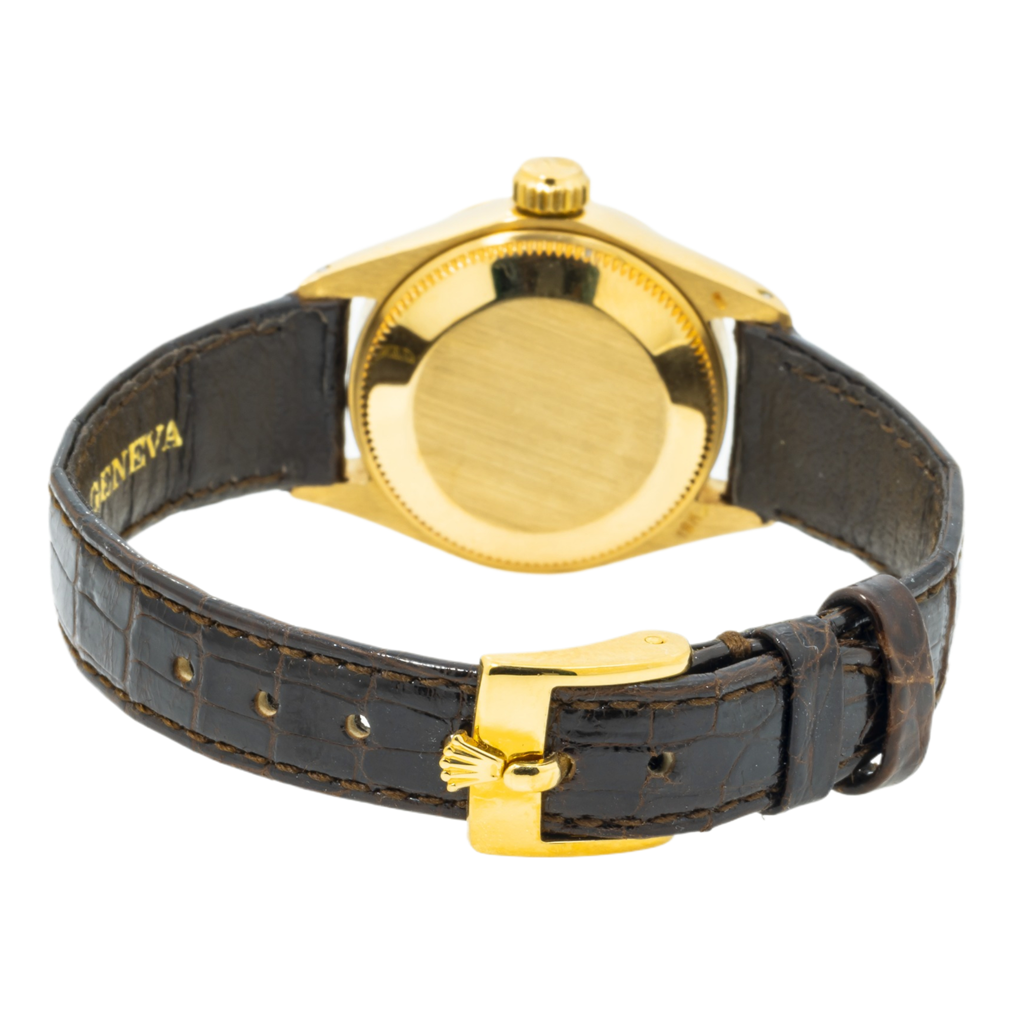 Rolex Datejust 18K Yellow Gold 26MM 6917 Pink Mother of Pearl Diamond Dial Fluted Bezel Brown Leather Strap