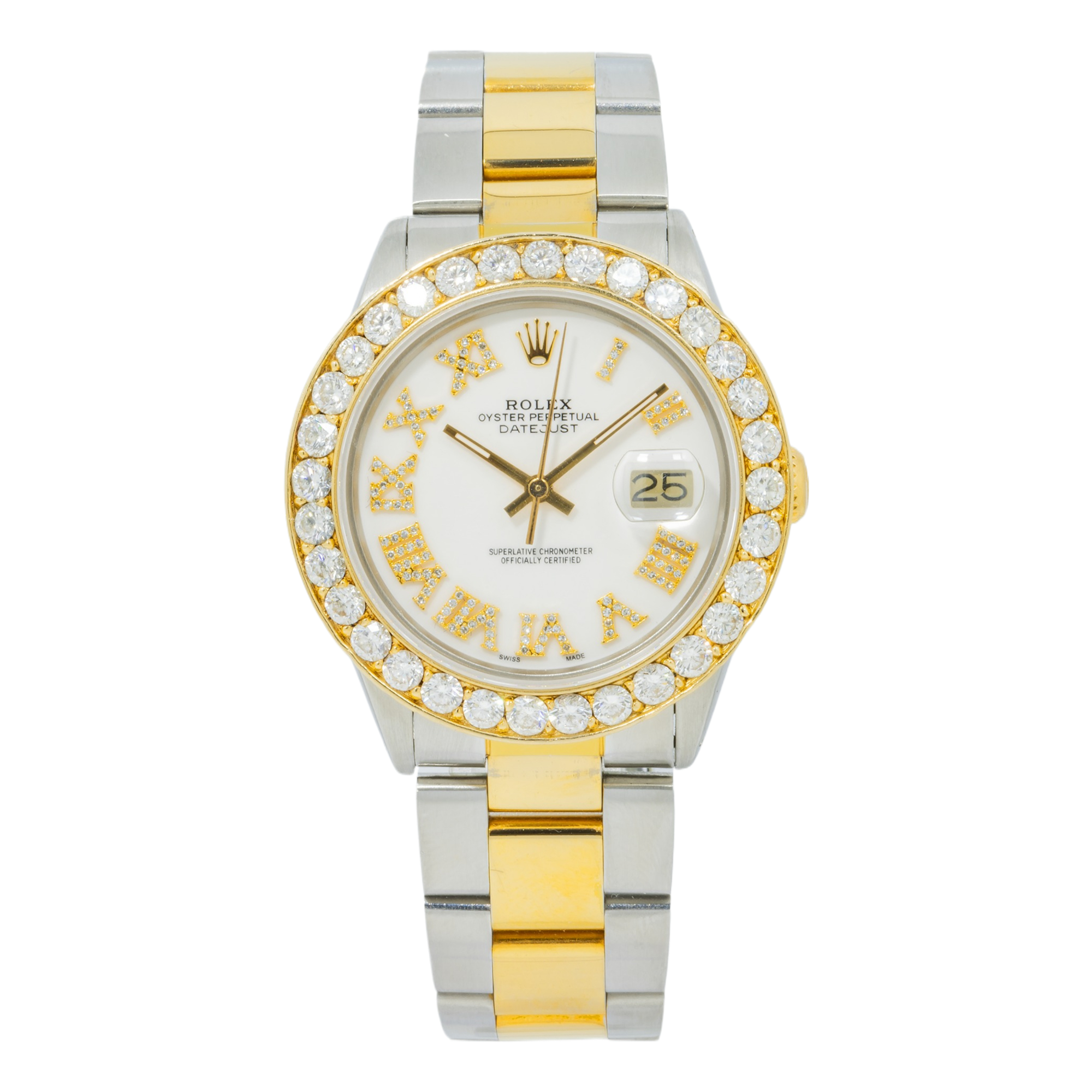 Rolex Datejust 36MM 16013 White Roman Diamond Dial Diamond Bezel Two Tone Yellow Gold Oyster Bracelet