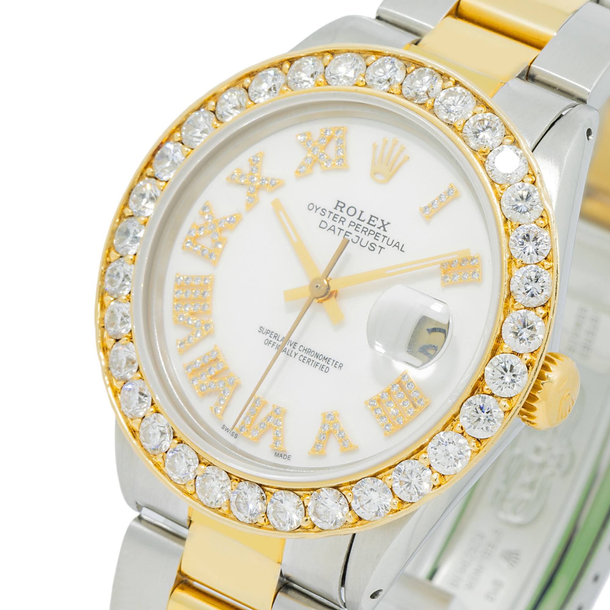 Rolex Datejust 36MM 16233 White Roman Diamond Dial Diamond Bezel Two Tone Yellow Gold Oyster Bracelet