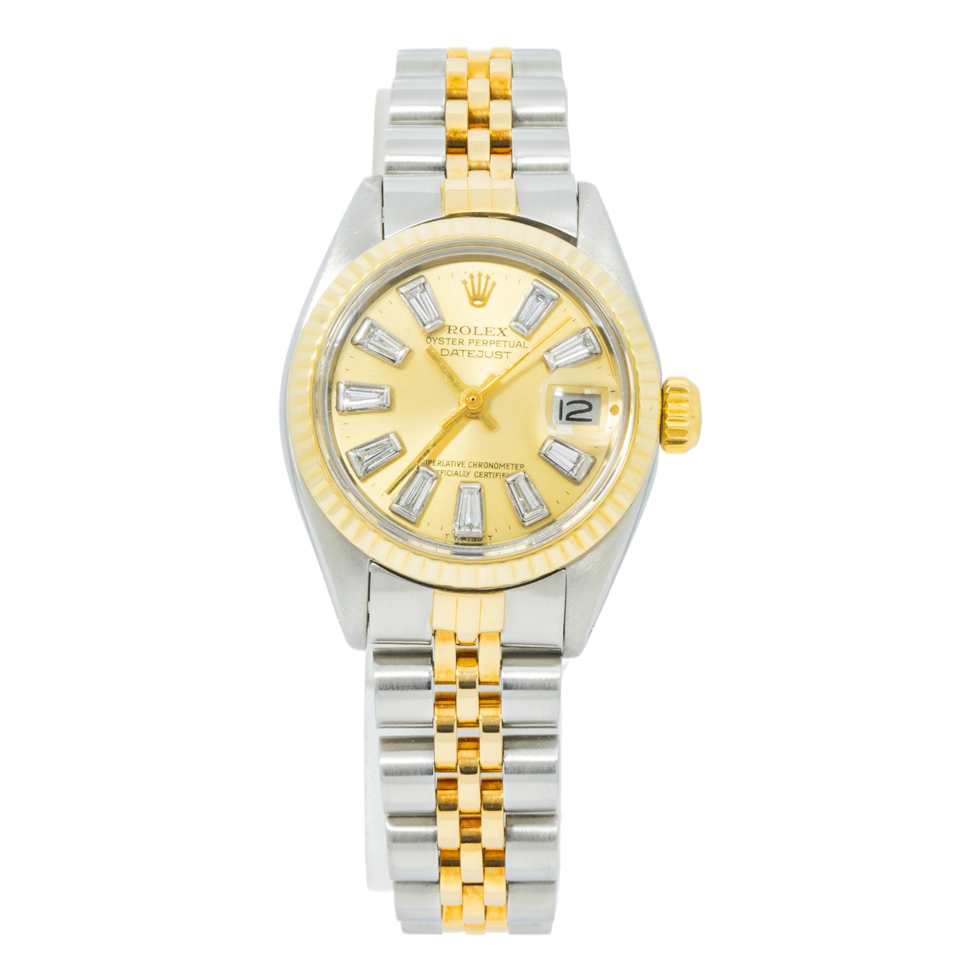 Rolex Datejust 26MM 69173 Champagne Baguette Diamond Dial Yellow Gold Fluted Bezel Two Tone Jubilee Bracelet 0.5ct