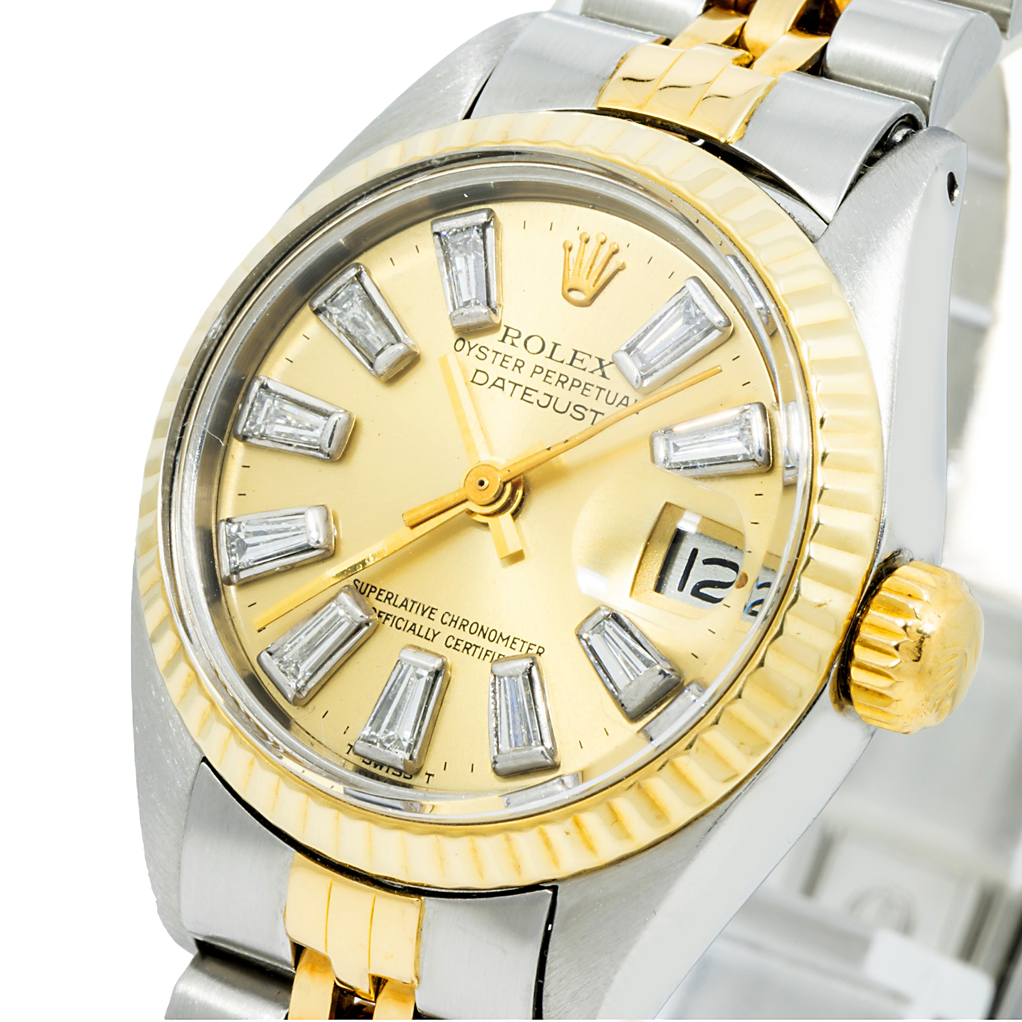 Rolex Datejust 26MM 69173 Champagne Baguette Diamond Dial Fluted Bezel Two Tone Yellow Gold Jubilee Bracelet 0.5ct