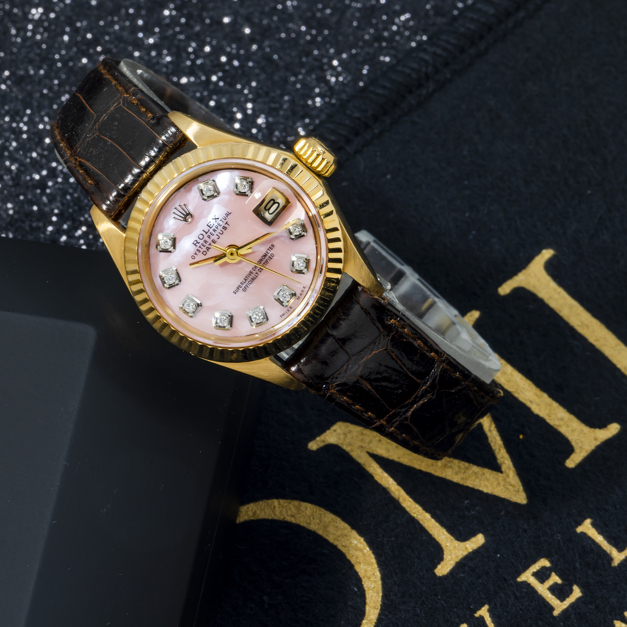Rolex Datejust 18K Yellow Gold 26MM 6917 Pink Mother of Pearl Diamond Dial Fluted Bezel Brown Leather Strap