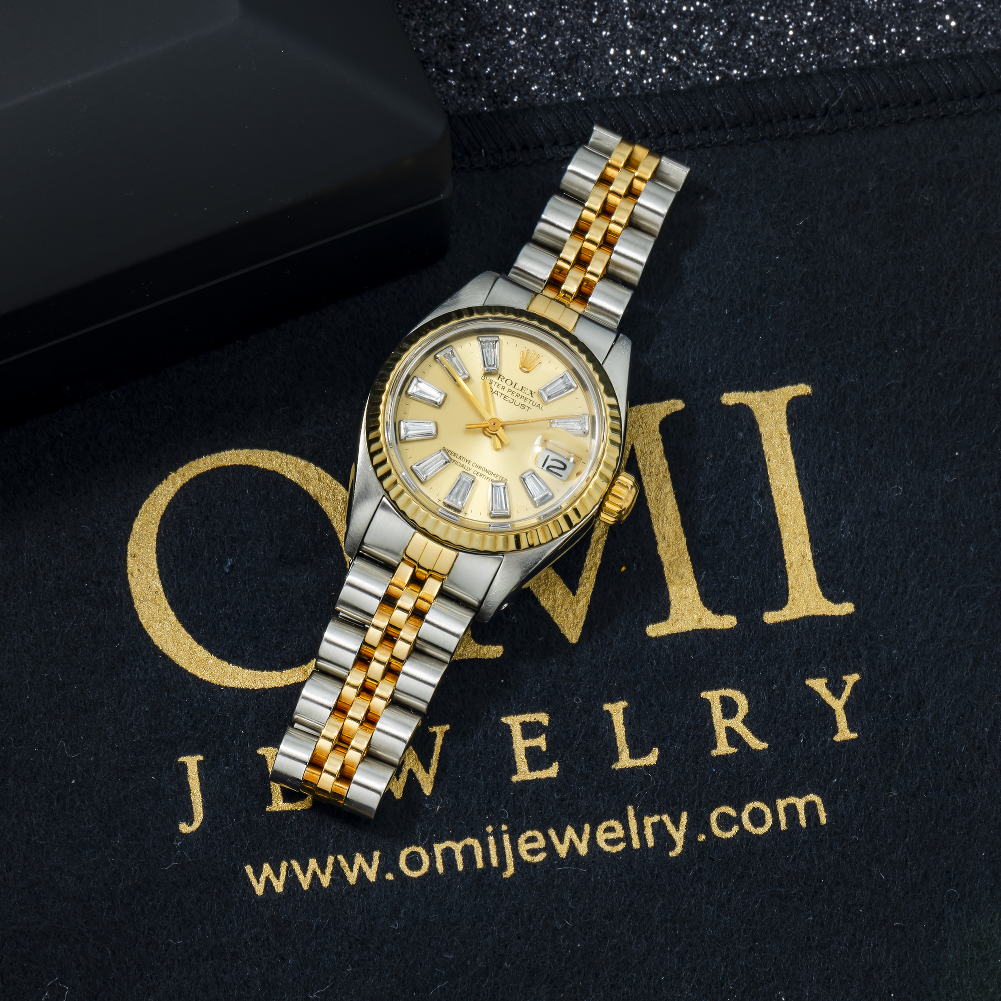 Rolex Datejust 26MM 69173 Champagne Baguette Diamond Dial Fluted Bezel Two Tone Yellow Gold Jubilee Bracelet 0.5ct