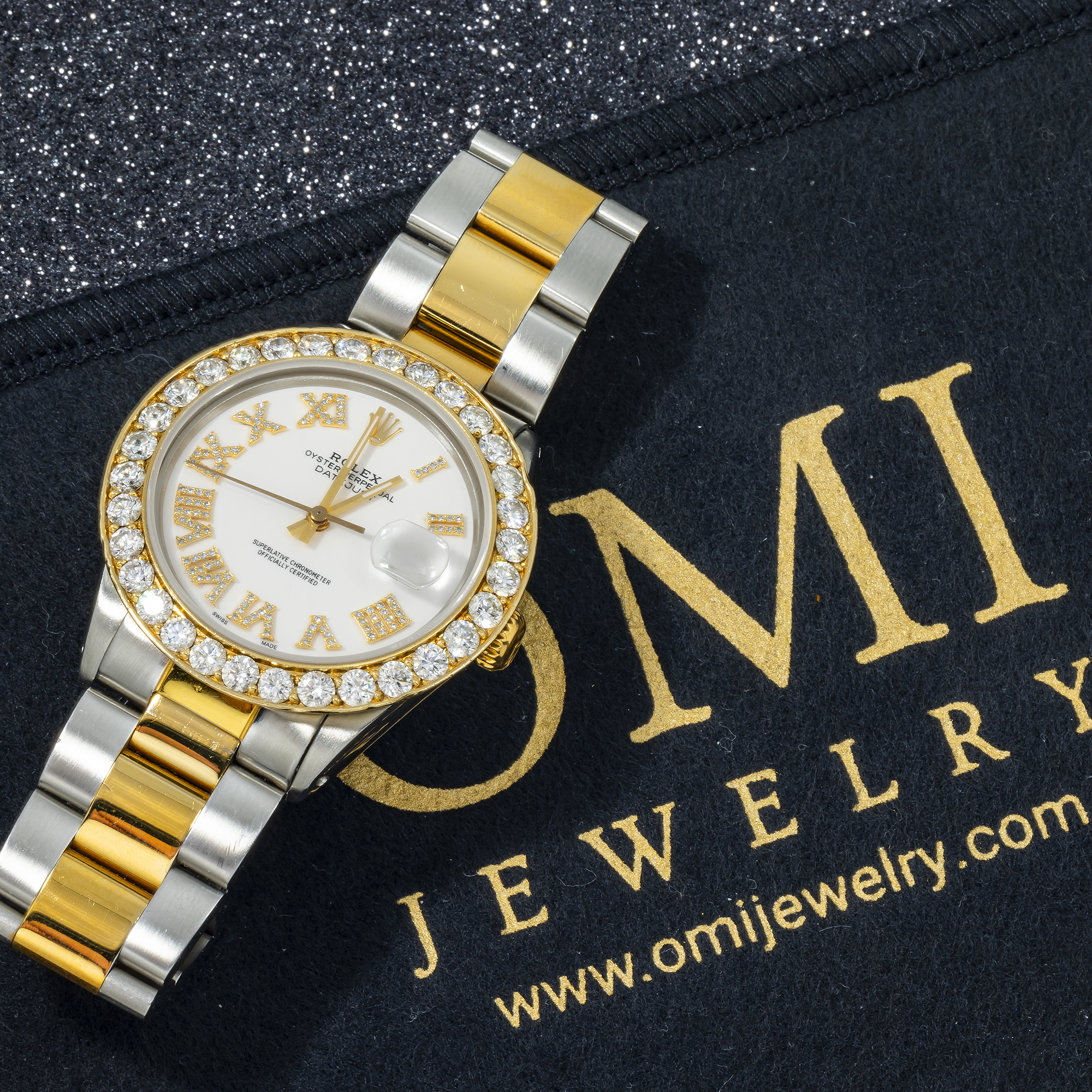 Rolex Datejust 36MM 16233 White Roman Diamond Dial Diamond Bezel Two Tone Yellow Gold Oyster Bracelet