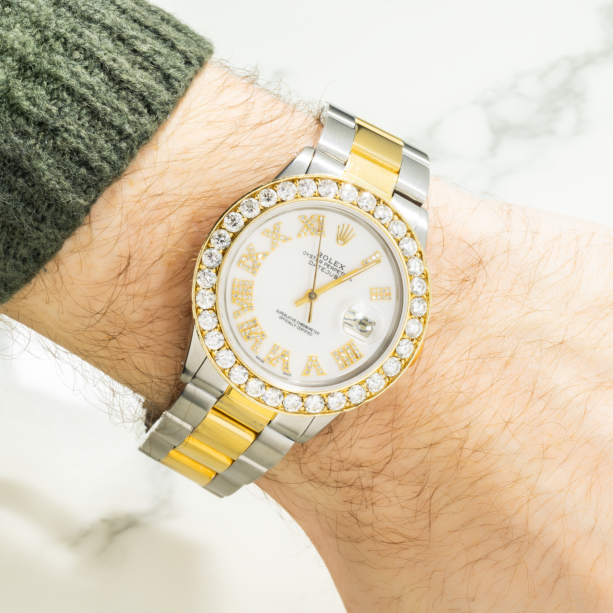 Rolex Datejust 36MM 16233 White Roman Diamond Dial Diamond Bezel Two Tone Yellow Gold Oyster Bracelet