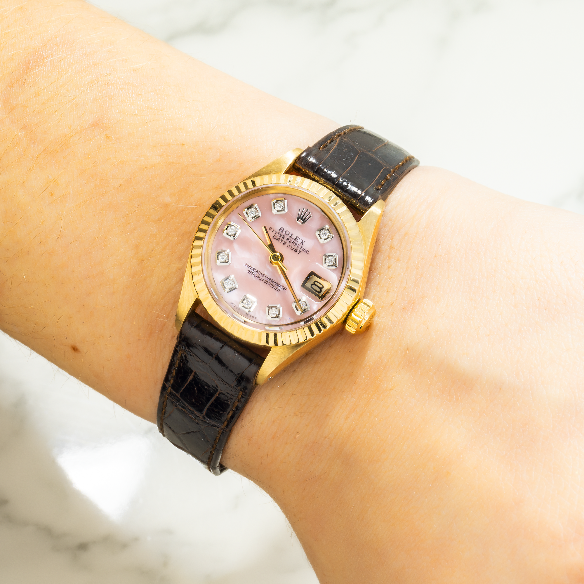 Rolex Datejust 18K Yellow Gold 26MM 6917 Pink Mother of Pearl Diamond Dial Fluted Bezel Brown Leather Strap