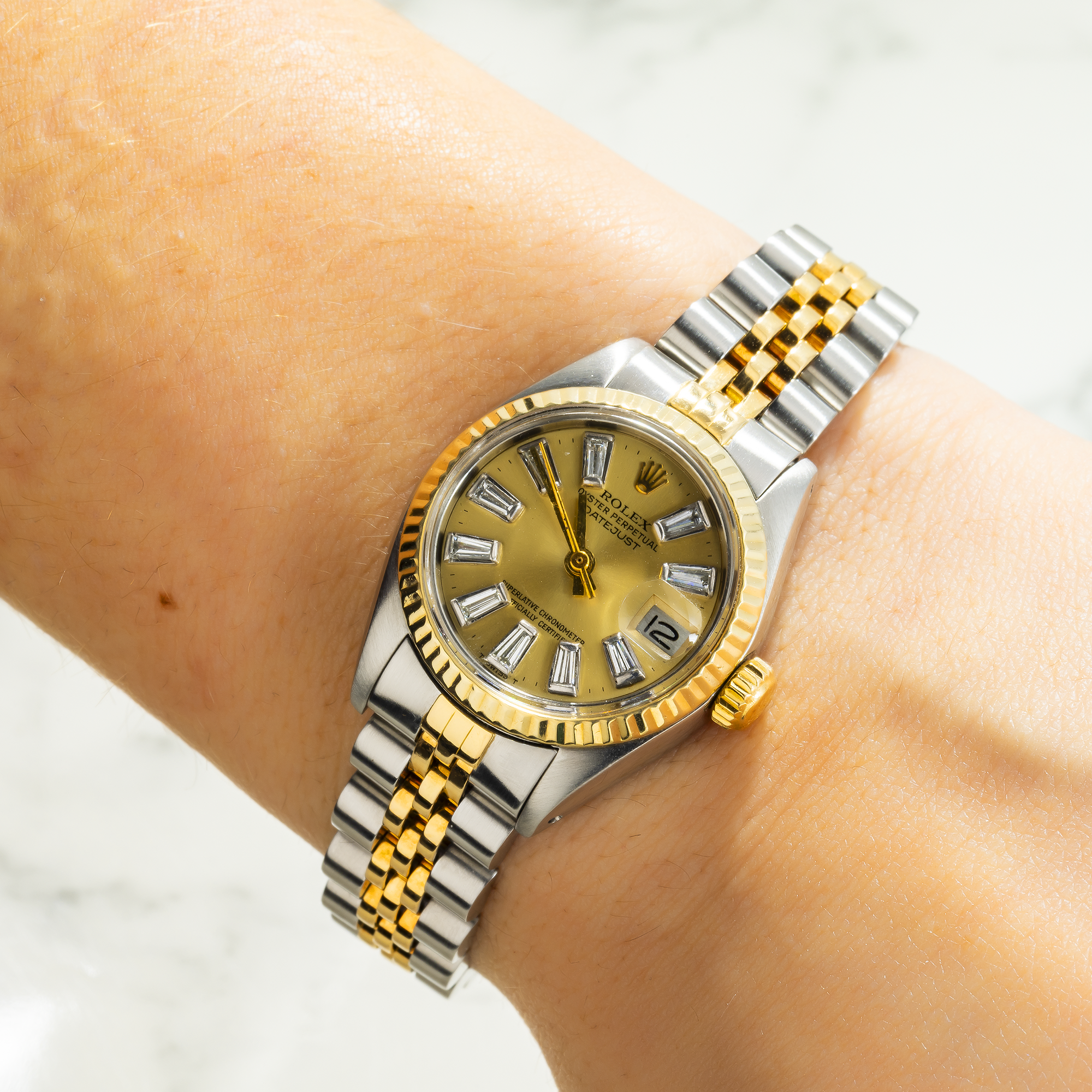 Rolex Datejust 26MM 69173 Champagne Baguette Diamond Dial Fluted Bezel Two Tone Yellow Gold Jubilee Bracelet 0.5ct