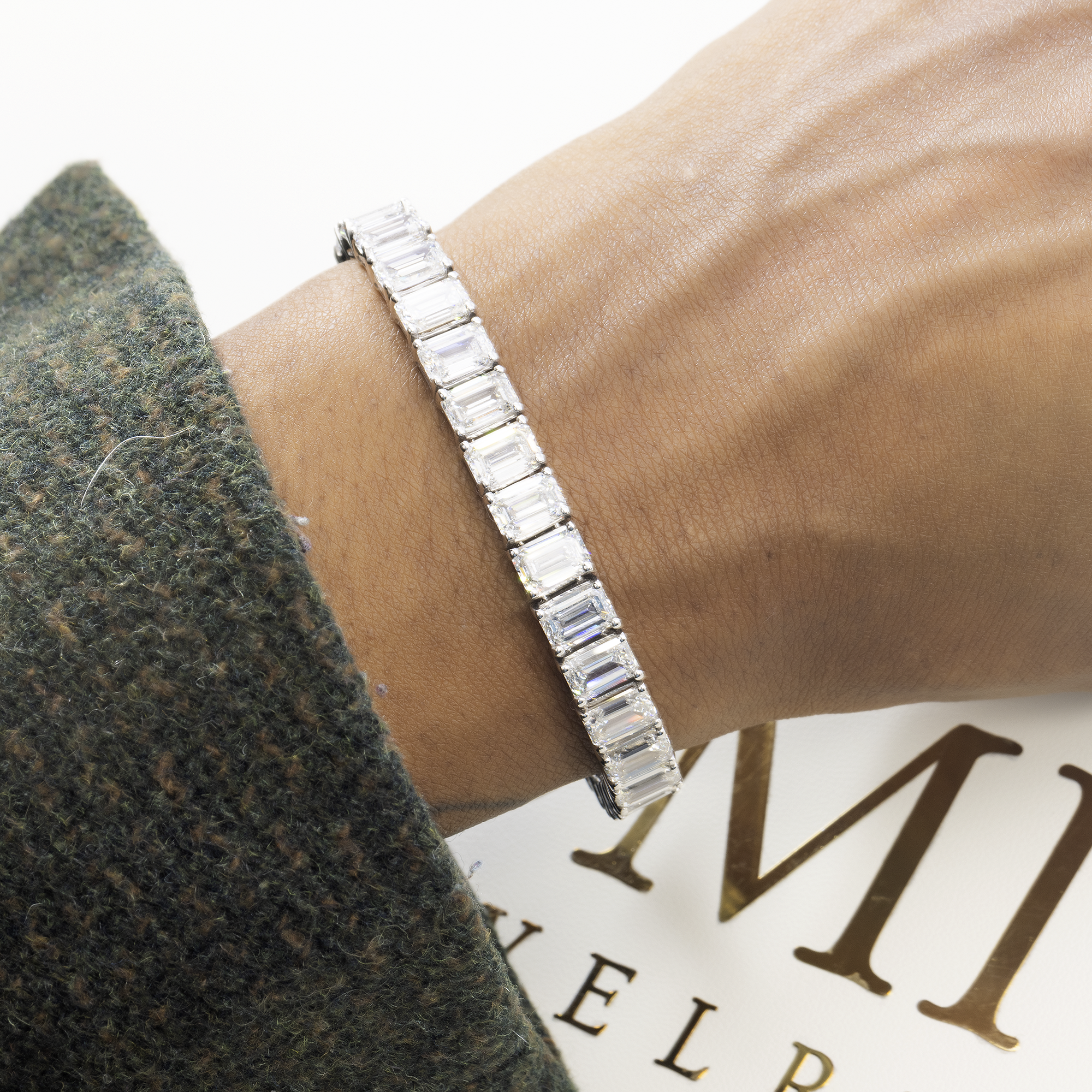 14K GOLD EMERALD CUT LAB DIAMOND TENNIS BRACELET 33.07 CT