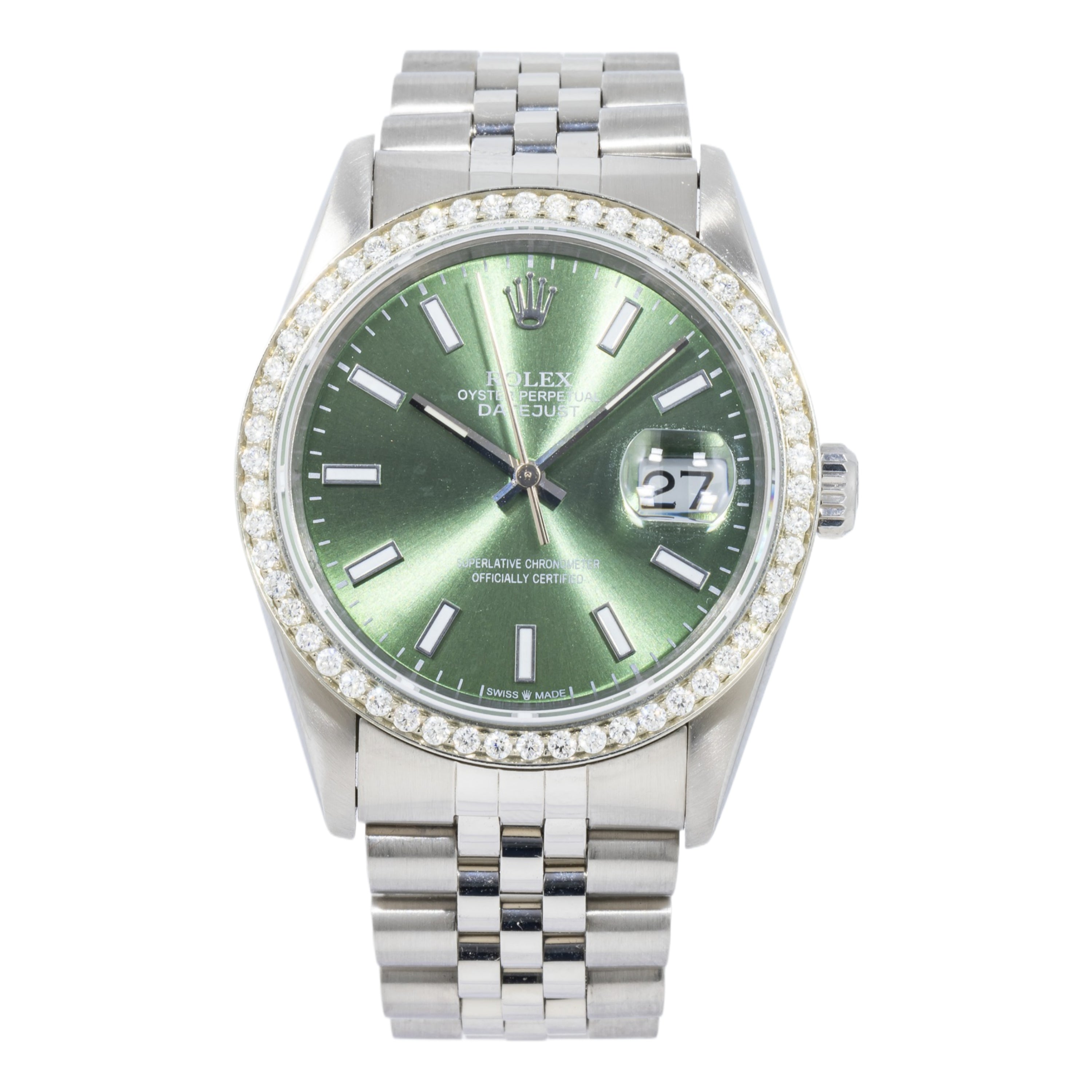 Rolex Datejust 36MM 16200 Green Dial Diamond Bezel Stainless Steel Jubilee Bracelet