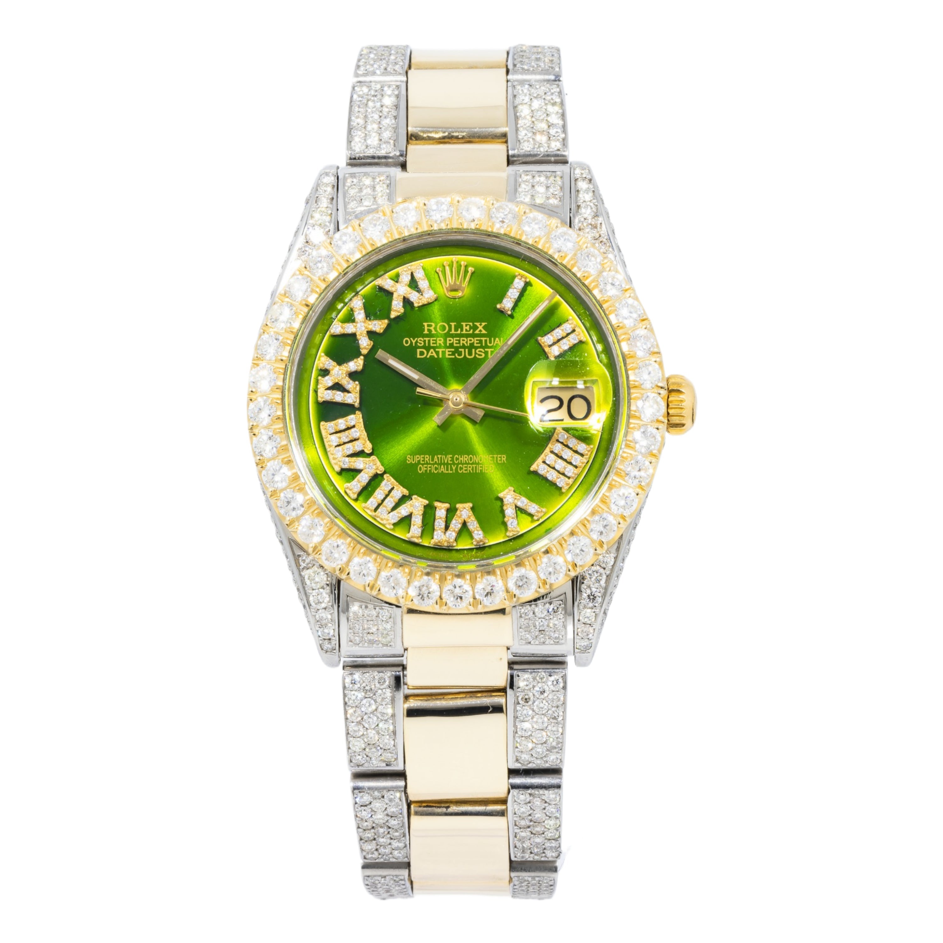 Rolex Datejust 36MM 16013 Green Roman Diamond Dial Diamond Bezel Two Tone Yellow Gold Semi Diamond Oyster Bracelet