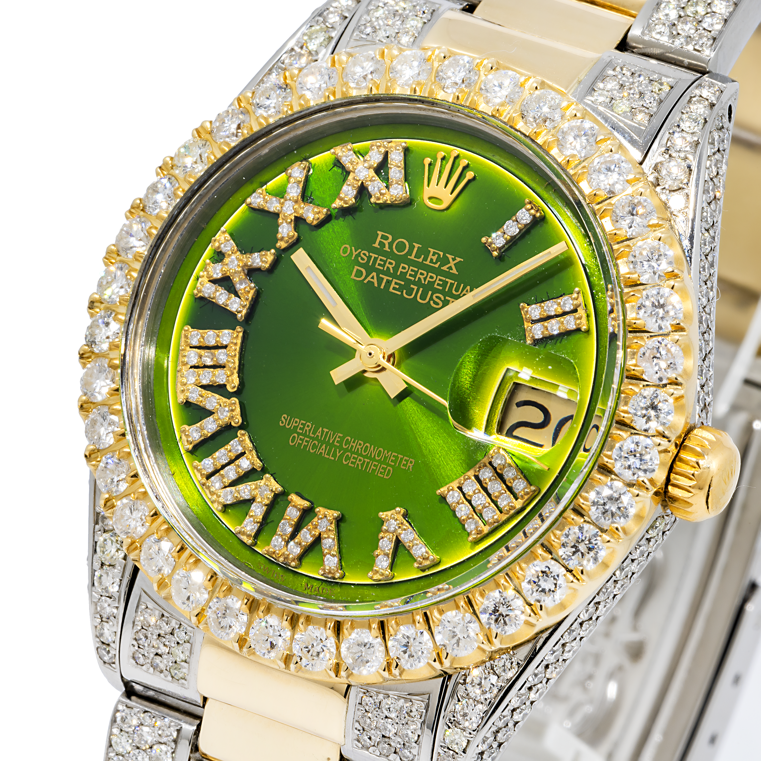 Rolex Datejust 36MM 16013 Green Roman Diamond Dial Diamond Bezel Two Tone Yellow Gold Semi Diamond Oyster Bracelet