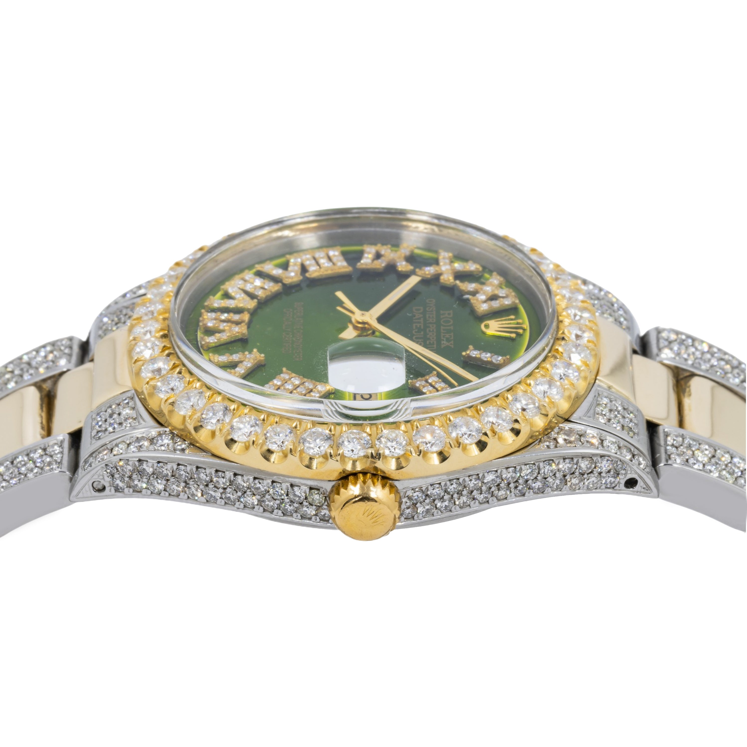 Rolex Datejust 36MM 16233 Green Roman Diamond Dial Diamond Bezel Two Tone Yellow Gold Semi Diamond Oyster Bracelet