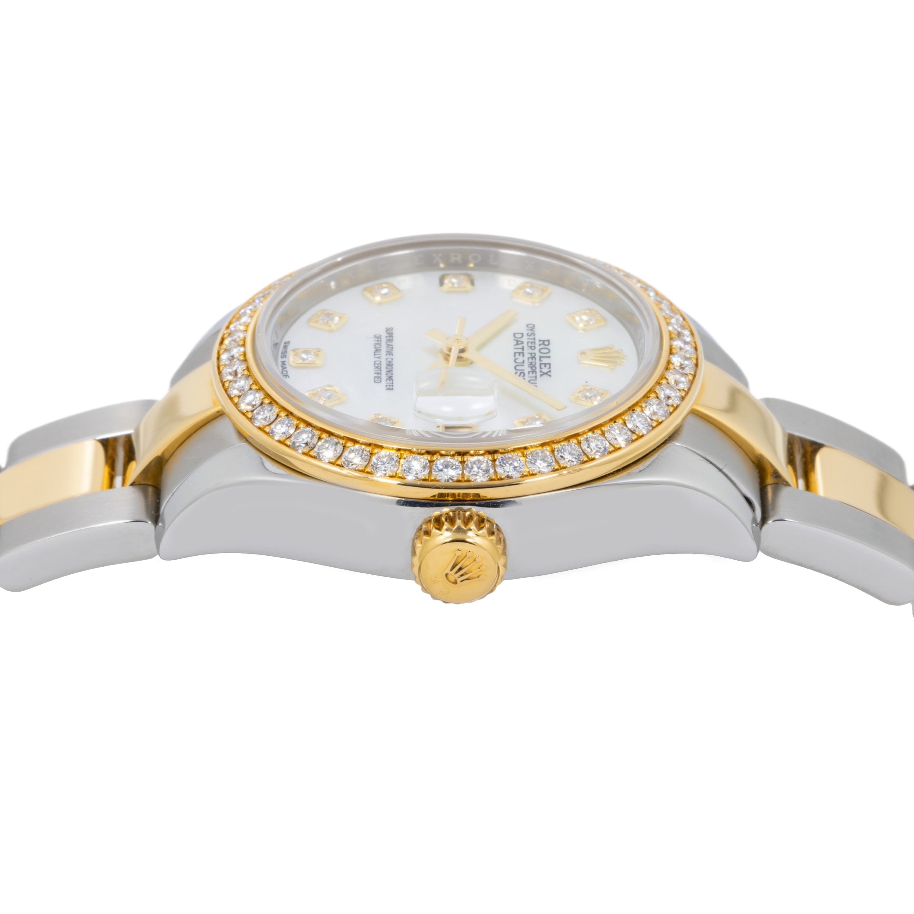 Rolex Datejust 28MM 279383RBR Mother of Pearl Diamond Dial Diamond Bezel Two Tone Yellow Gold Oyster Bracelet