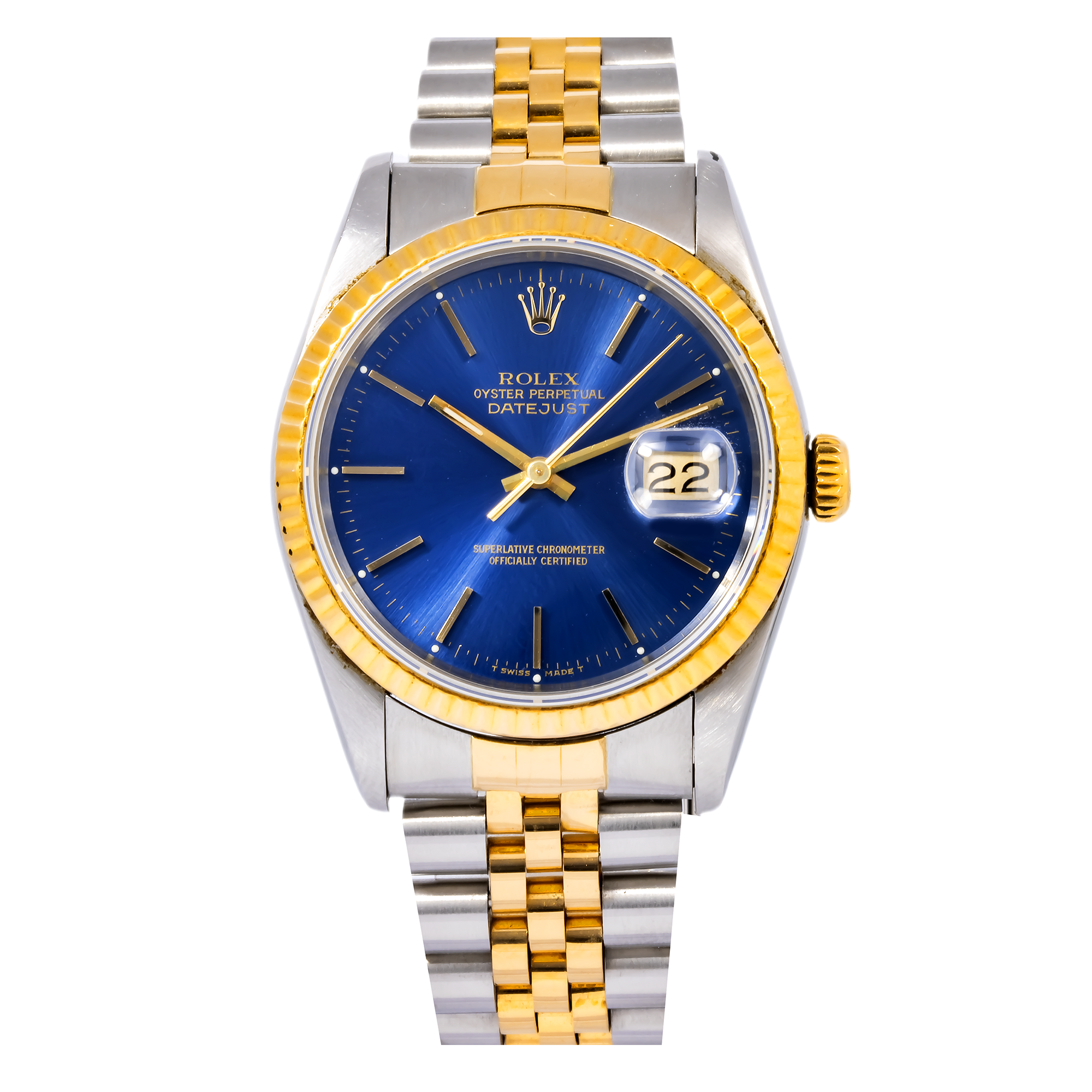 Rolex Datejust 36MM 16013 Blue Dial Fluted Bezel Two Tone Yellow Gold Jubilee Bracelet