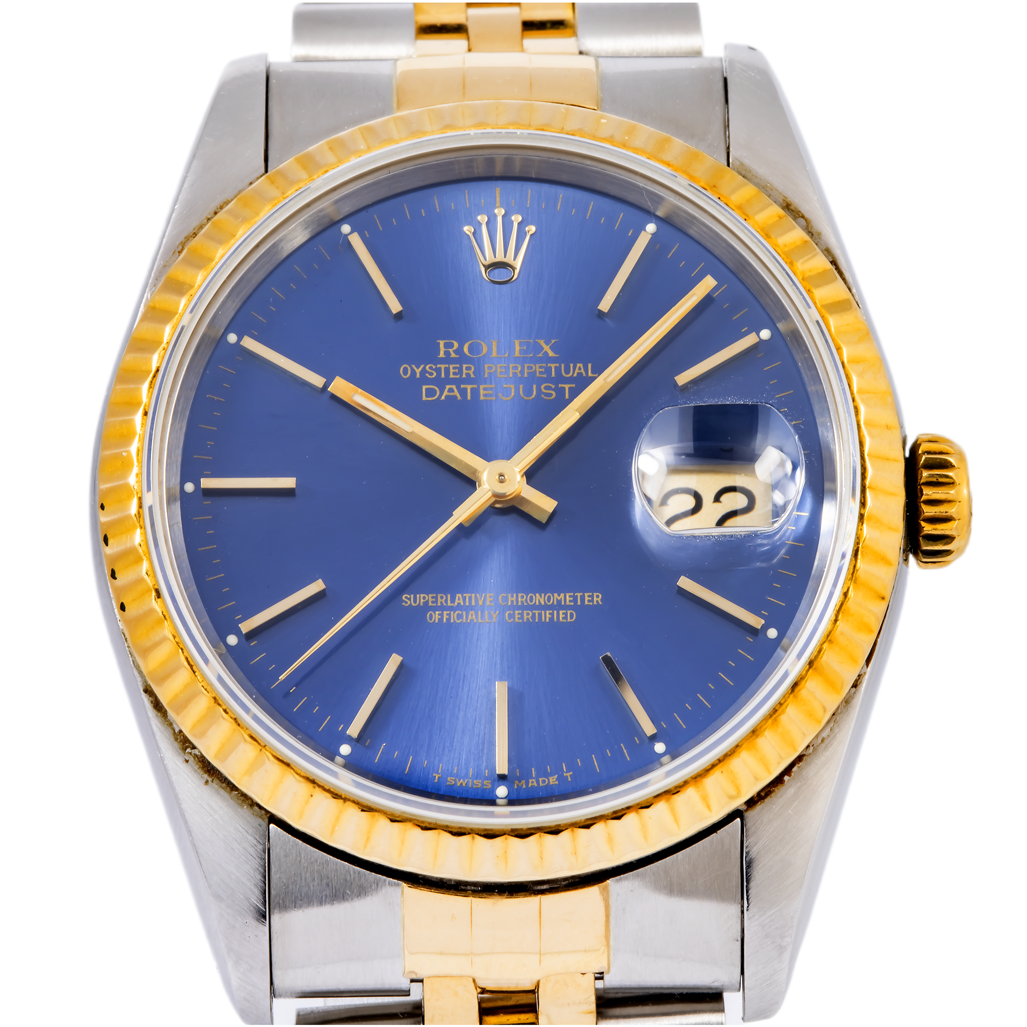 Rolex Datejust 36MM 16013 Blue Dial Fluted Bezel Two Tone Yellow Gold Jubilee Bracelet