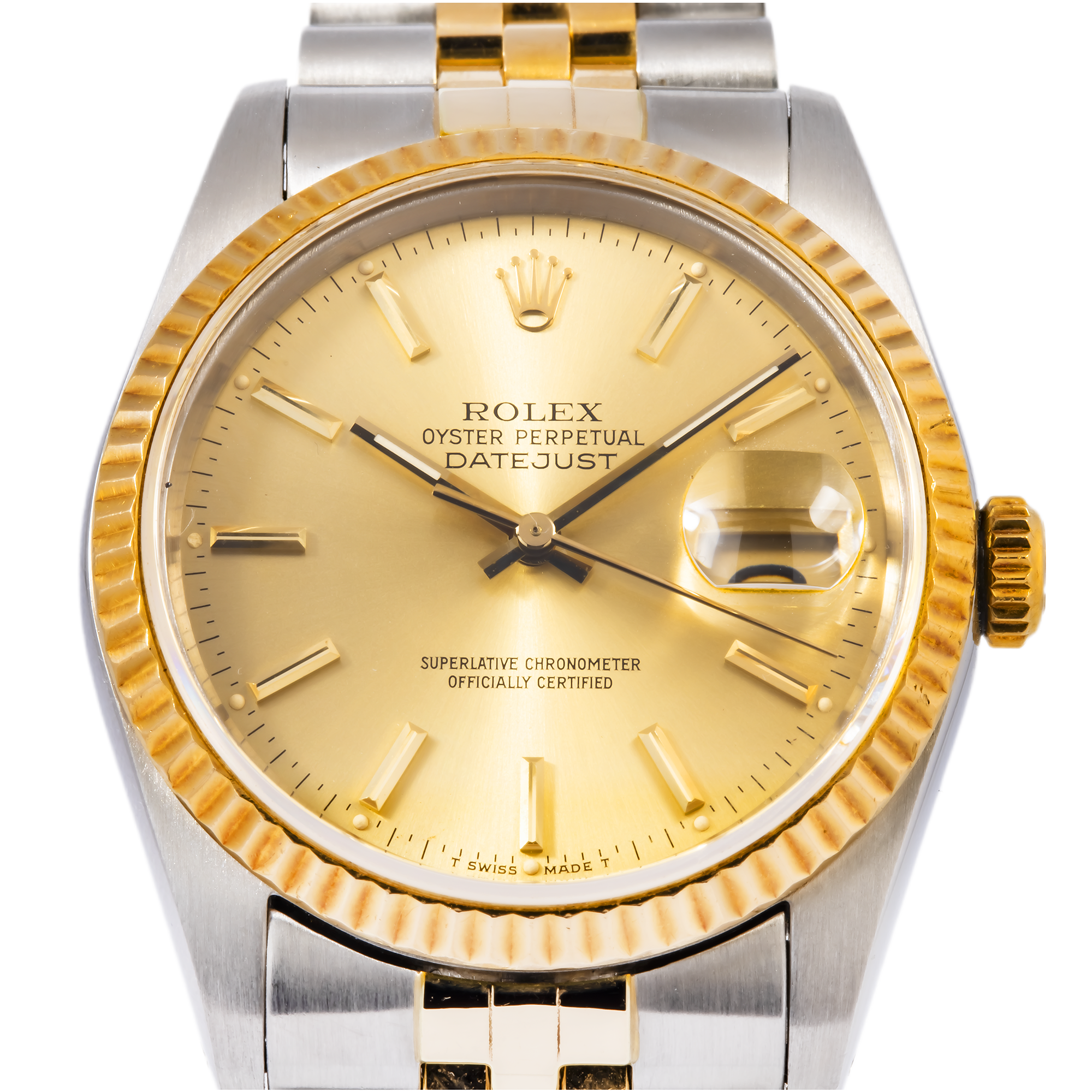 Rolex Datejust 36MM 16233 Champagne Dial Fluted Bezel Two Tone Yellow Gold Jubilee Bracelet