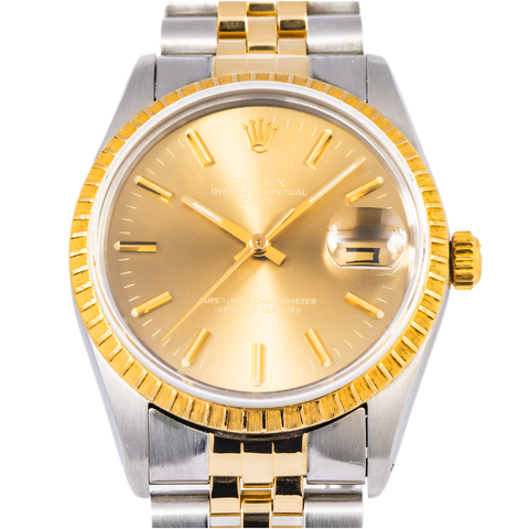 ROLEX OYSTER PERPETUAL DATE 1500 34MM CHAMPAGNE DIAL AND TWO-TONE JUBILEE BRACELET