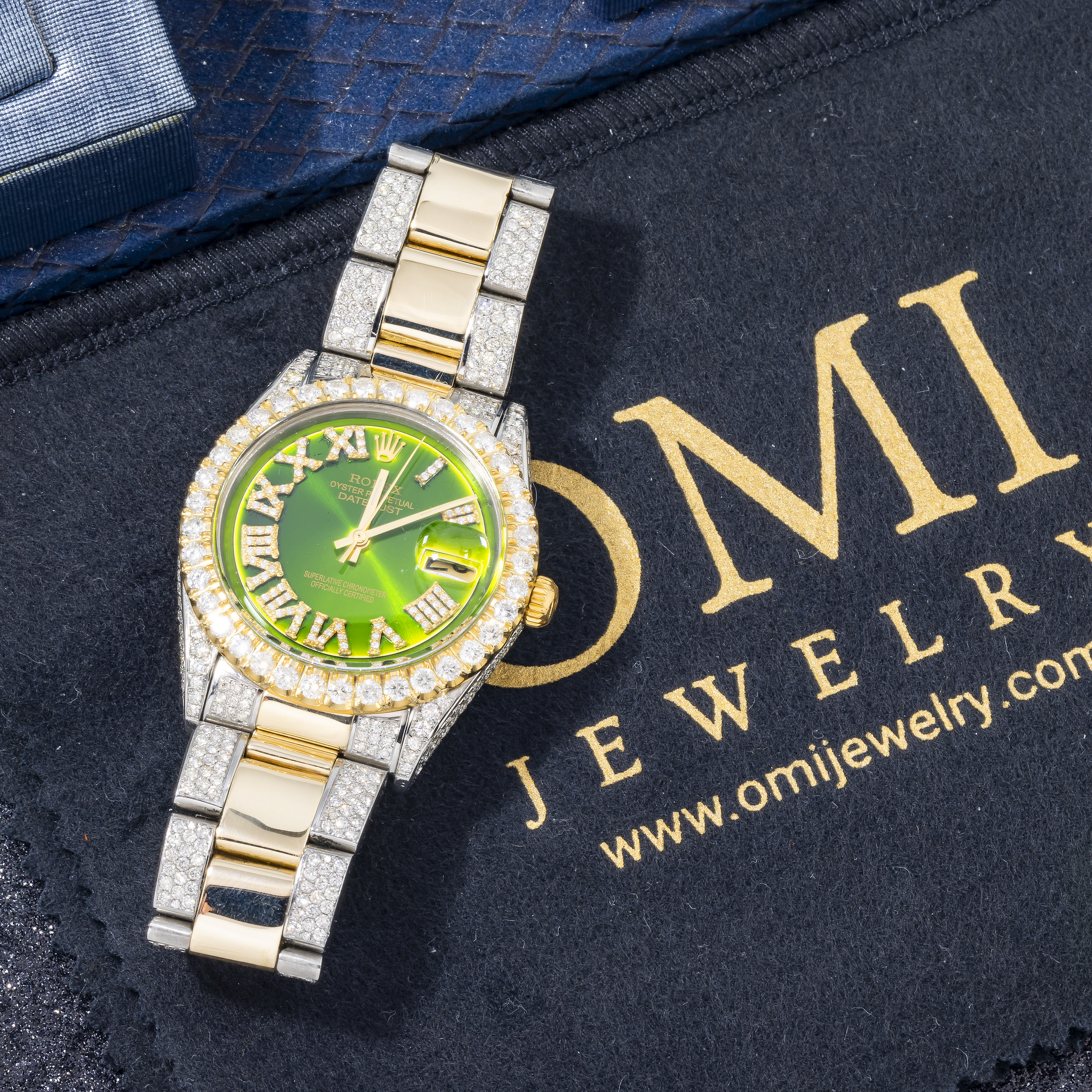 Rolex Datejust 36MM 16013 Green Roman Diamond Dial Diamond Bezel Two Tone Yellow Gold Semi Diamond Oyster Bracelet