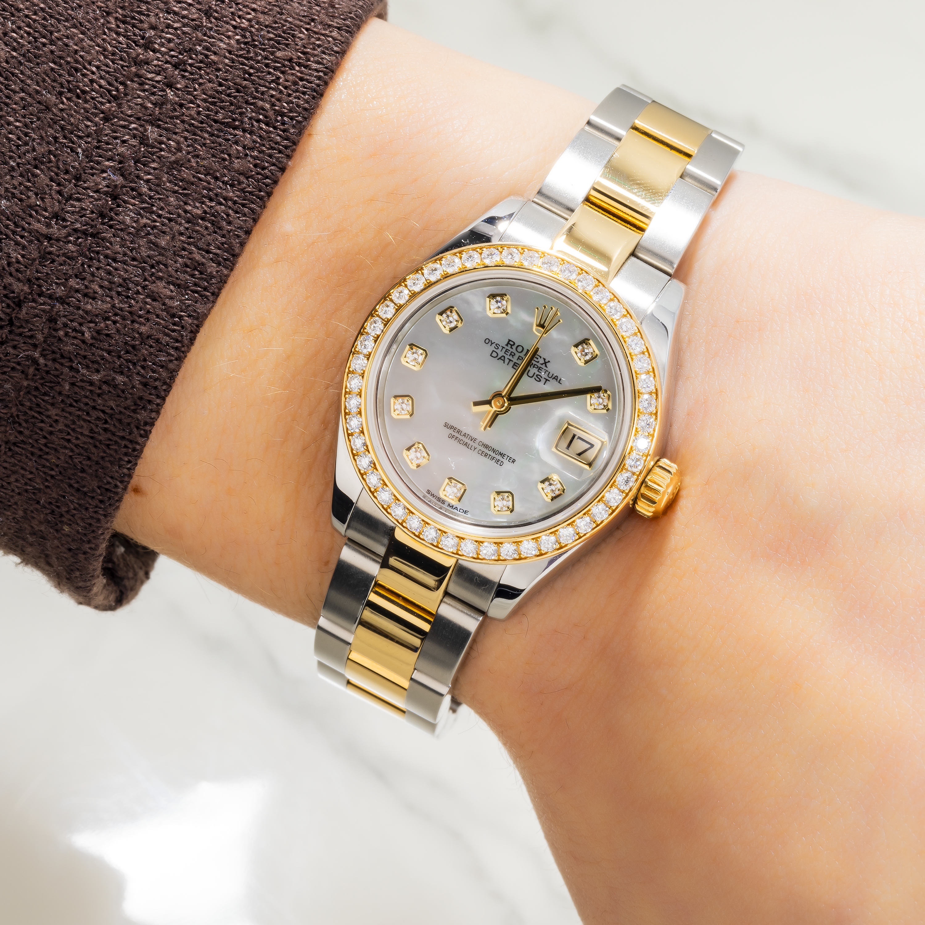 Rolex Datejust 28MM 279383RBR White Mother of Pearl Diamond Dial Diamond Bezel Two Tone Yellow Gold Oyster Bracelet