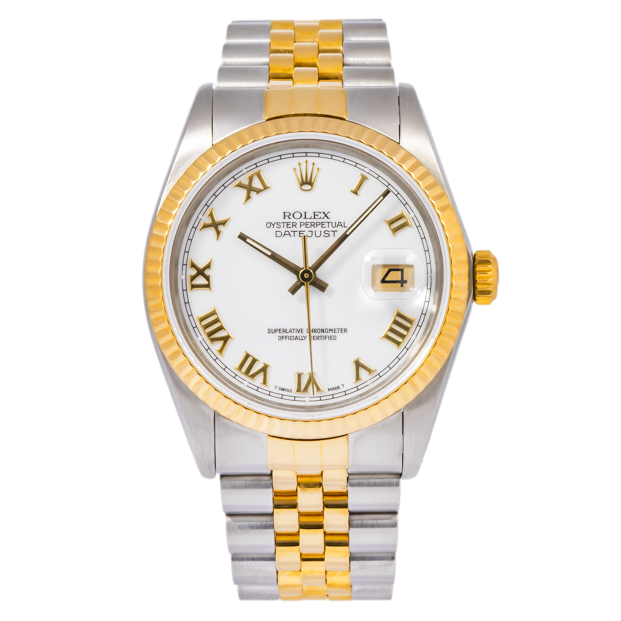 Rolex Datejust 36MM 16013 White Roman Dial Yellow Gold Fluted Bezel Two Tone Jubilee Bracelet