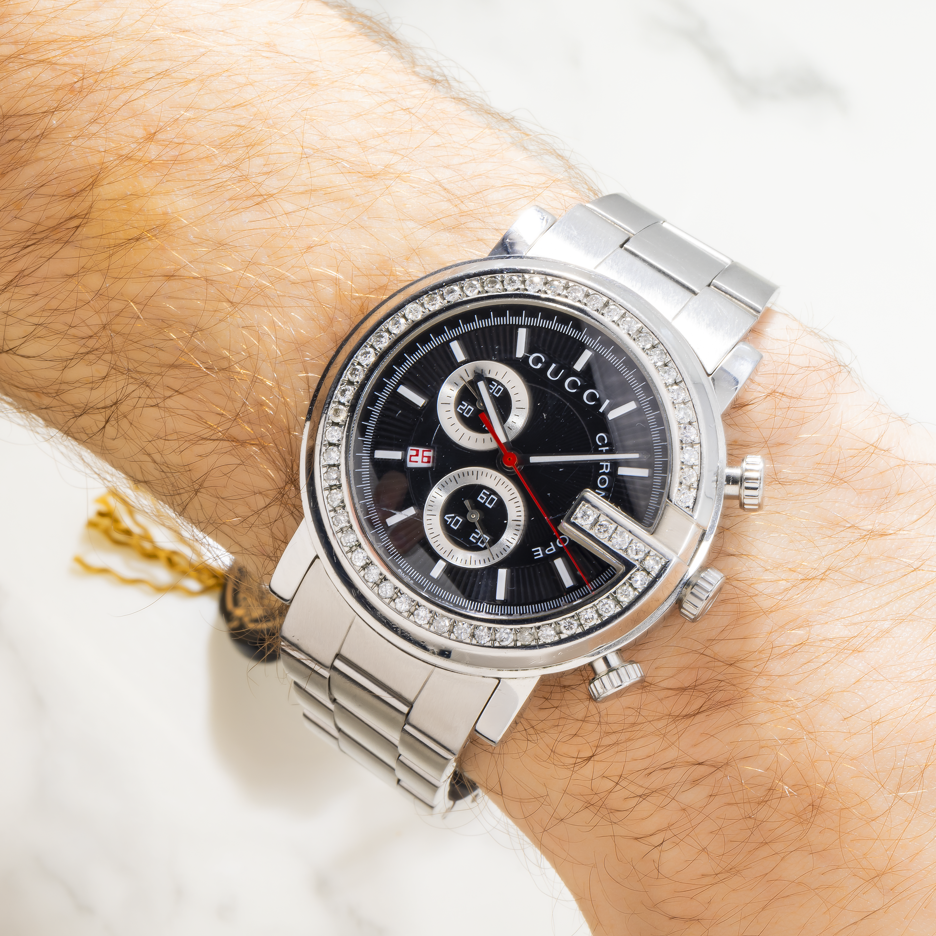 Gucci G-Chrono YA101309 44MM Black Dial With Diamond Bezel And Stainless Steel Bracelet