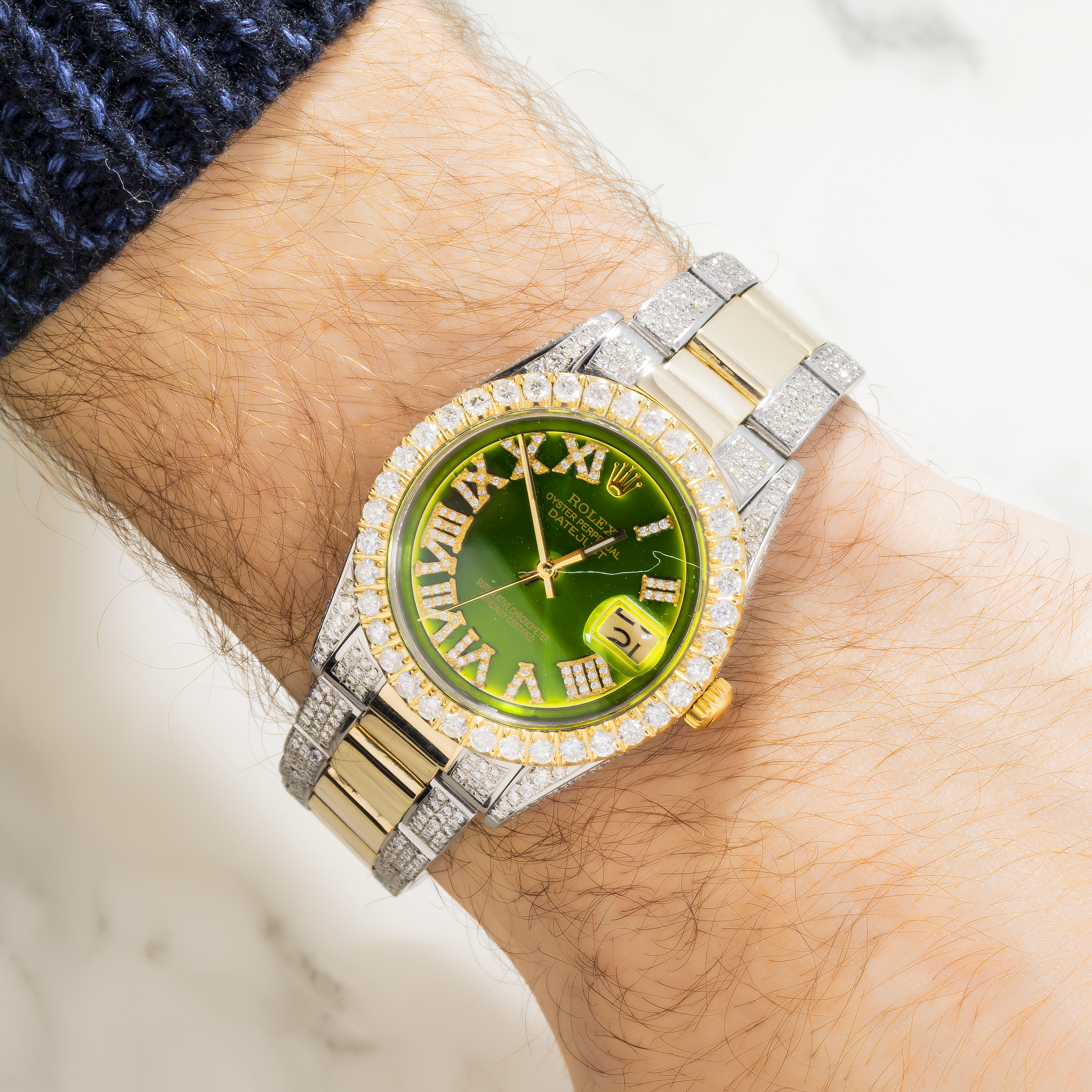 Rolex Datejust 36MM 16233 Green Roman Diamond Dial Diamond Bezel Two Tone Yellow Gold Semi Diamond Oyster Bracelet